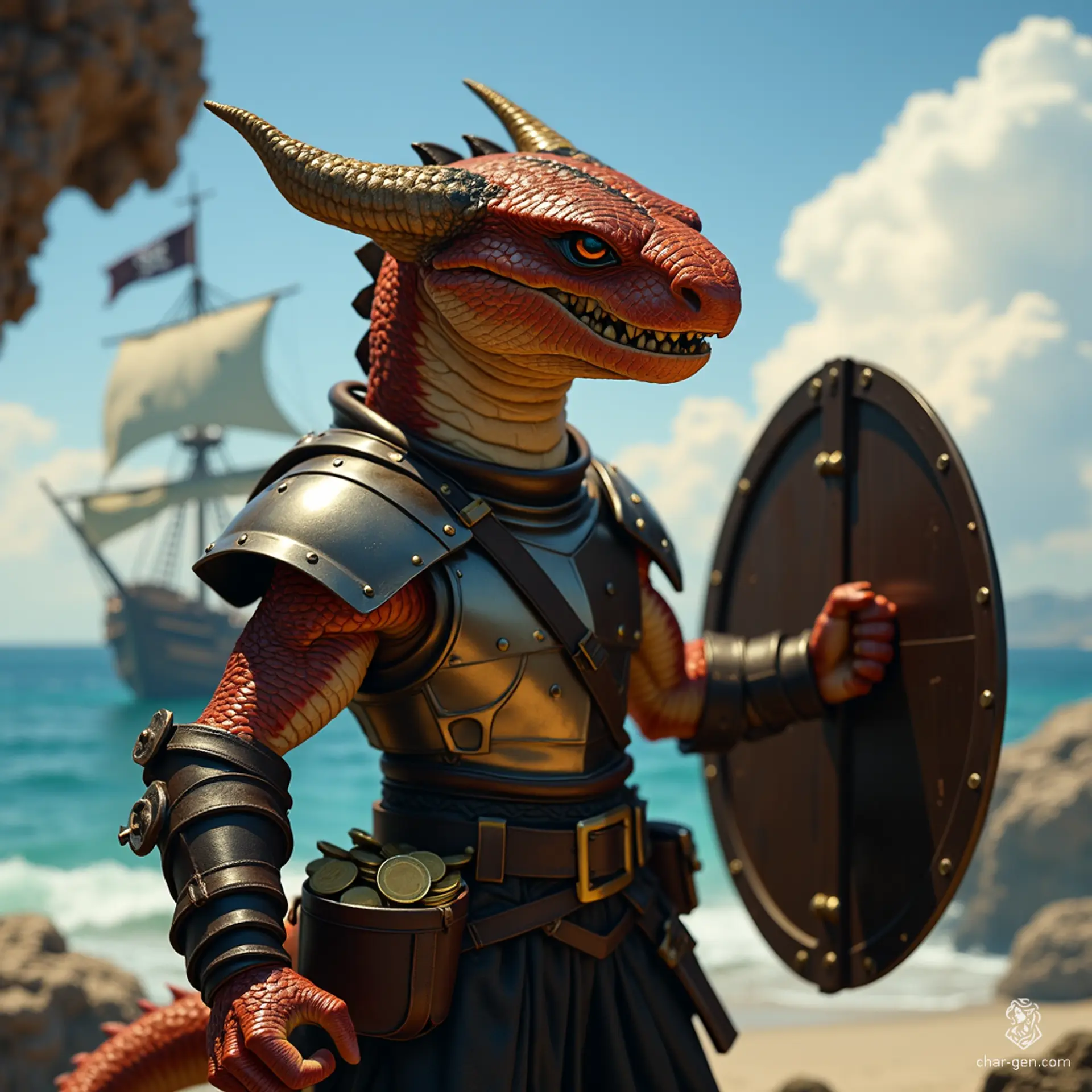 Luna is a half-kobold, half-goloma fighter, exuding confidence with muscular build and shiny copper-black scales. In a dynamic pose, they raise a steel shield defensively, jaws bared in a fierce snarl, revealing dragon-like fangs. Eight spider-like eyes glint with determination, ready to face any challenge.