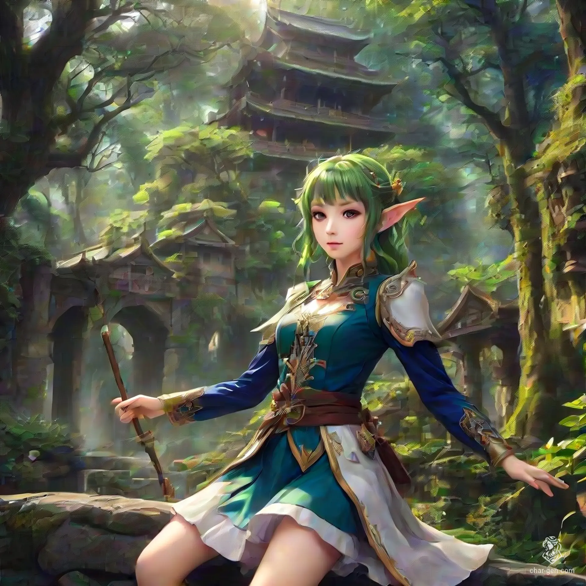Elysia, the Moonlit Guardian, is an ethereal elf with silver hair cascading like starlight. Her keen emerald eyes reflect ancient wisdom, while her agile form glides silently through the enchanted forests. Wielding a bow crafted from the whispering trees, she protects her realm from dark forces.