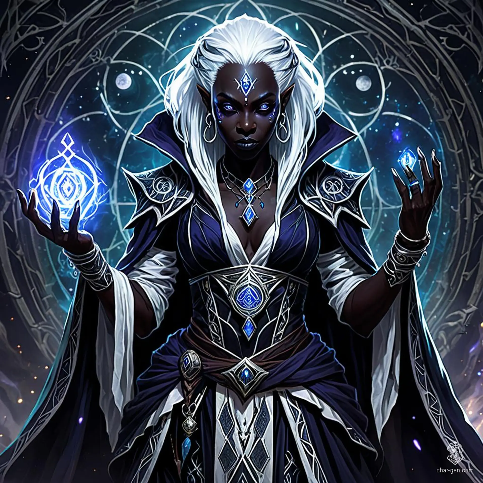 A black-skinned Drow sorceress with white hair, clad in enchanted garments adorned with arcane sigils. She exudes a powerful magical aura, her dark complexion contrasting sharply with her mystical attire, embodying an enigmatic and formidable presence.