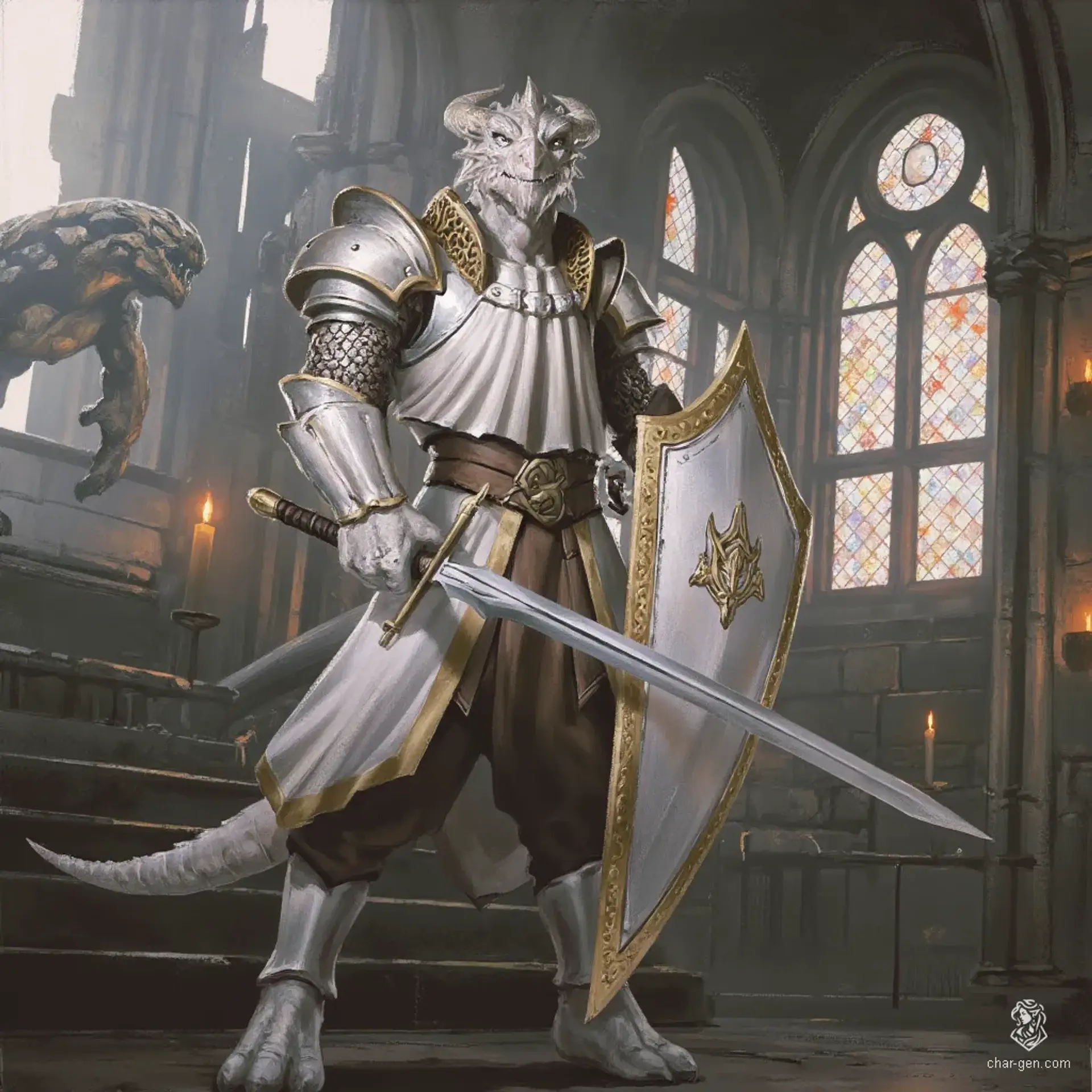 A noble dragonborn paladin stands tall in a gleaming white marble temple. Clad in ornate white plate armor and a gold-accented tabard, he wields a long sword and a large shield, exuding a dignified aura. His striking white scales and regal crest highlight his fierce commitment to protection and justice.