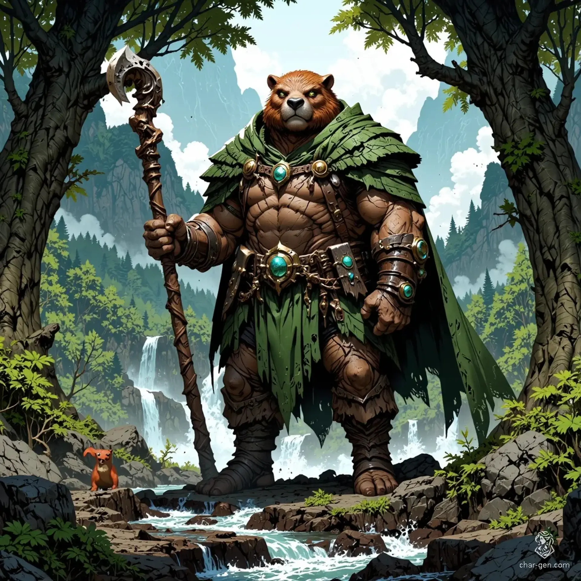 In the serene Green Mountains of Vermont, a majestic male anthropomorphic beaver druid stands as a forest guardian. Clad in a cloak of leaves and moss, he wields a beautifully carved staff embellished with glowing crystals, embodying nature's harmony amidst dappled sunlight and gentle mist.
