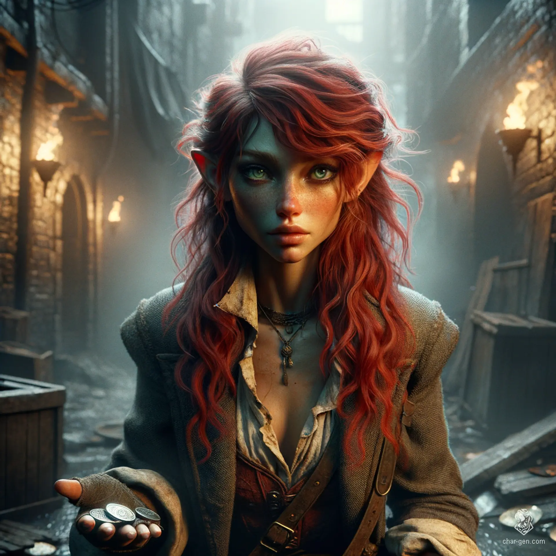 In the bustling underbelly of the city, a bold, cherry-red-haired dwarf captivates with her dirty, fancy attire. As a savvy prostitute, she commands attention, weaving tales of desire while navigating the shadows with a fierce, unapologetic spirit that defies the norms of her kind.