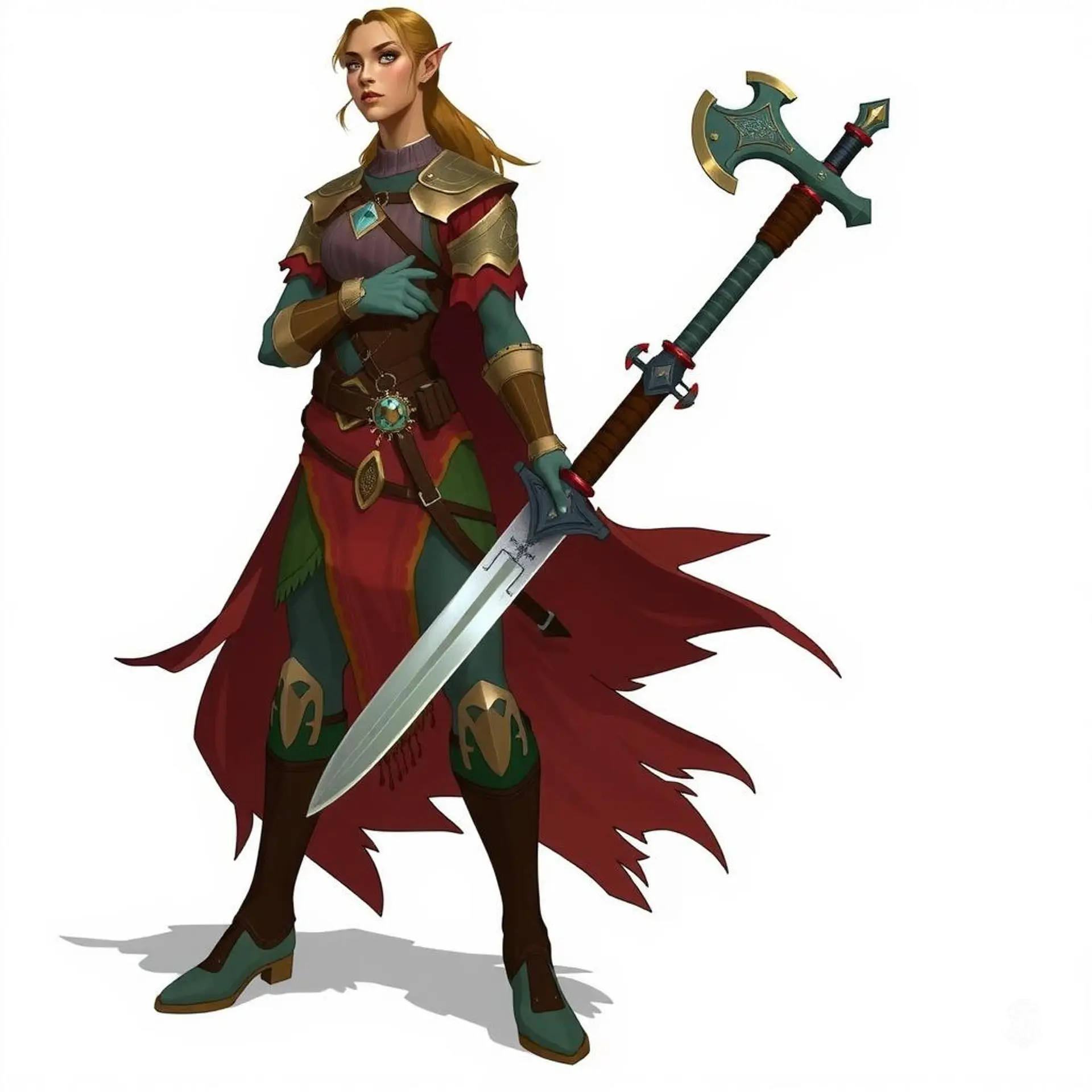 Ubrox, a 6'2" half-orc paladin with dignified presence, has green-grey skin and amber eyes. She wields a longsword and dual-wields a greataxe and curved sword, seamlessly blending strength, wisdom, charm, and rogue-like stealth in her leather-armored form.