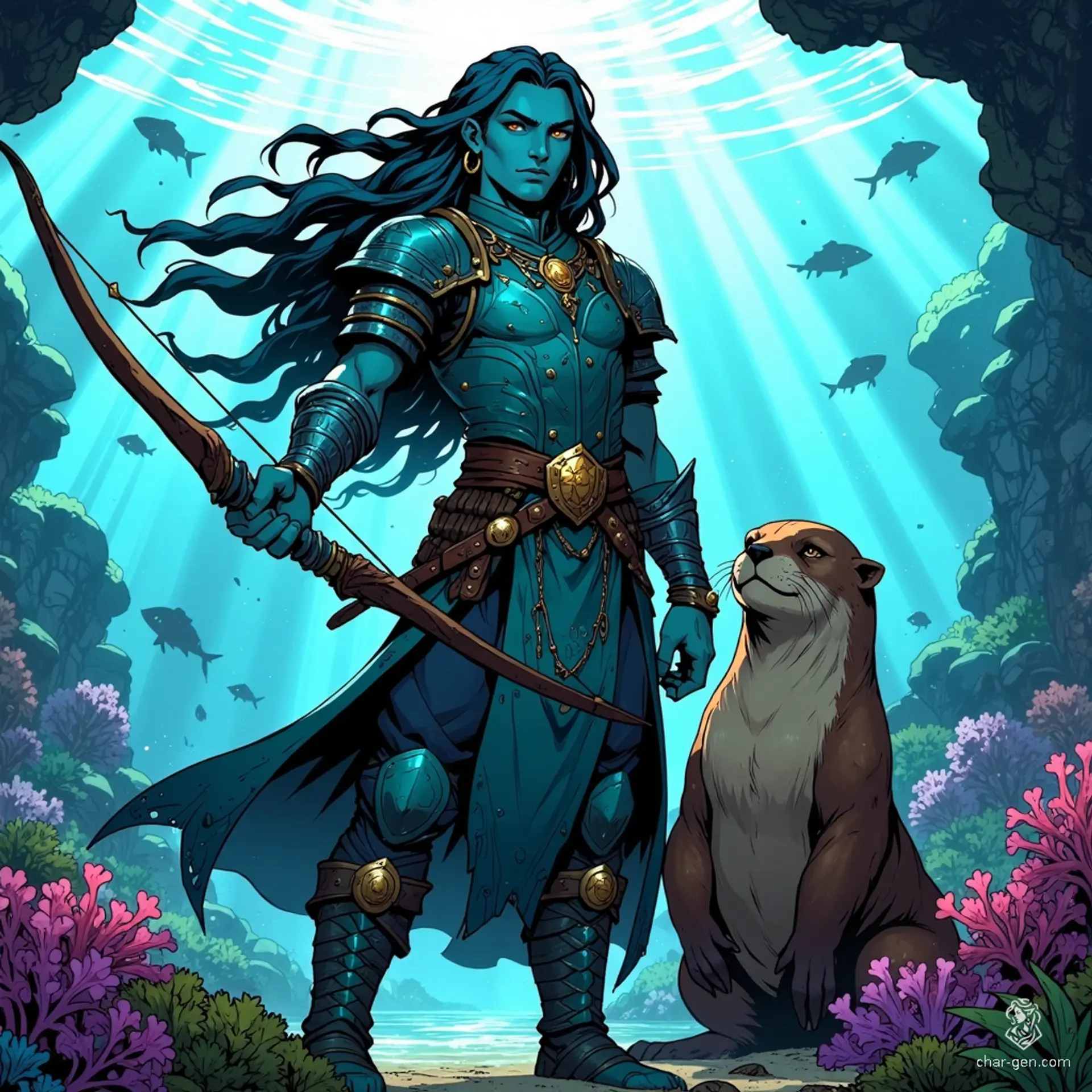 Kael Deepwarden, a proud Triton ranger, embodies the ocean’s spirit. With shimmering bluish-green skin and flowing dark teal hair adorned with seashells, he wields a coral-crafted bow. Accompanied by his loyal sea otter, Tide, Kael navigates the underwater world, protecting nature’s balance against encroaching threats.