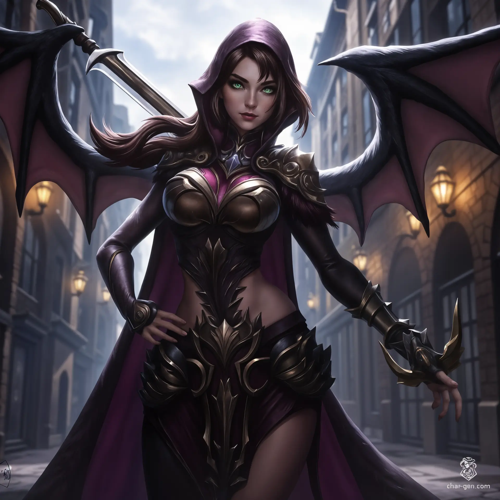 Miatte Derethian is a haunted warrior with a confident demeanor, skilled in sword-fighting and a master battlemaster. Sporting a striking winged cloak and a longsword, she navigates her demons while striving to protect the innocent, driven by the spirits of her past.