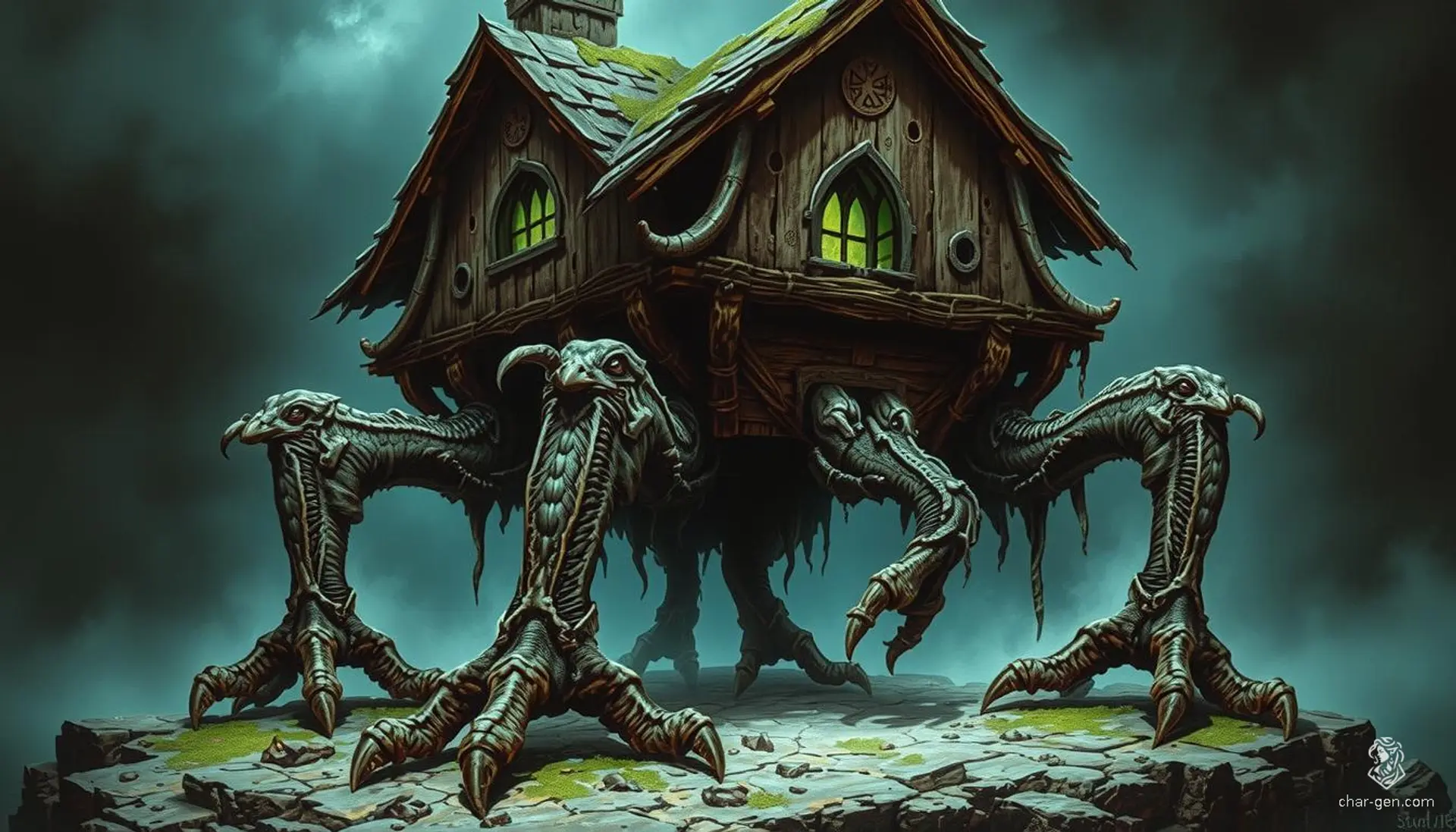 In a foreboding glade stands Baba Yaga's hut, perched on massive, sinewy chicken legs, their gnarled claws deeply rooted in the earth. The twisted, moss-covered wooden structure glows with eerie green light through its warped windows, radiating a sinister, magical energy. The dark, gothic atmosphere is rich with textures, runes, and shadows, evoking a sense of ancient, malevolent power.