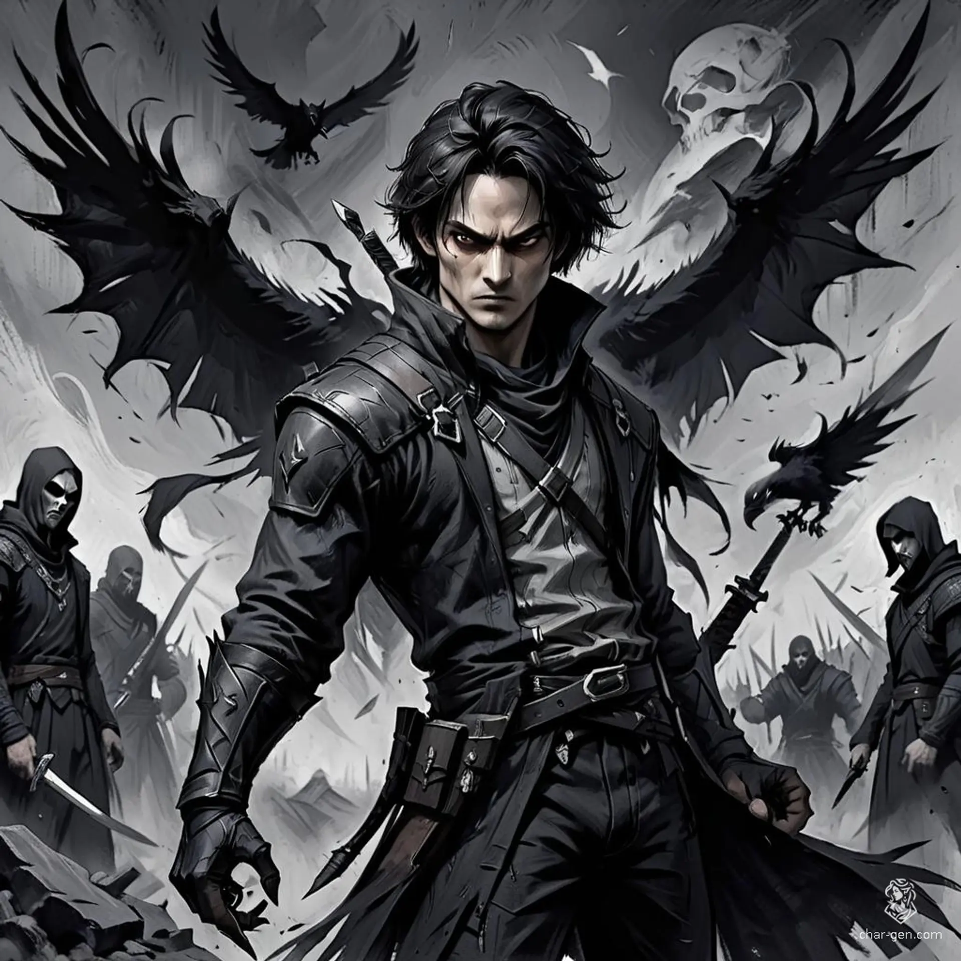 A male Shadar-kai rogue with raven hair, obsidian eyes, and tattooed white skin. This stealthy assassin, clad in dark clothing with concealed daggers, lurks in the shadows, ready to strike with lethal precision.