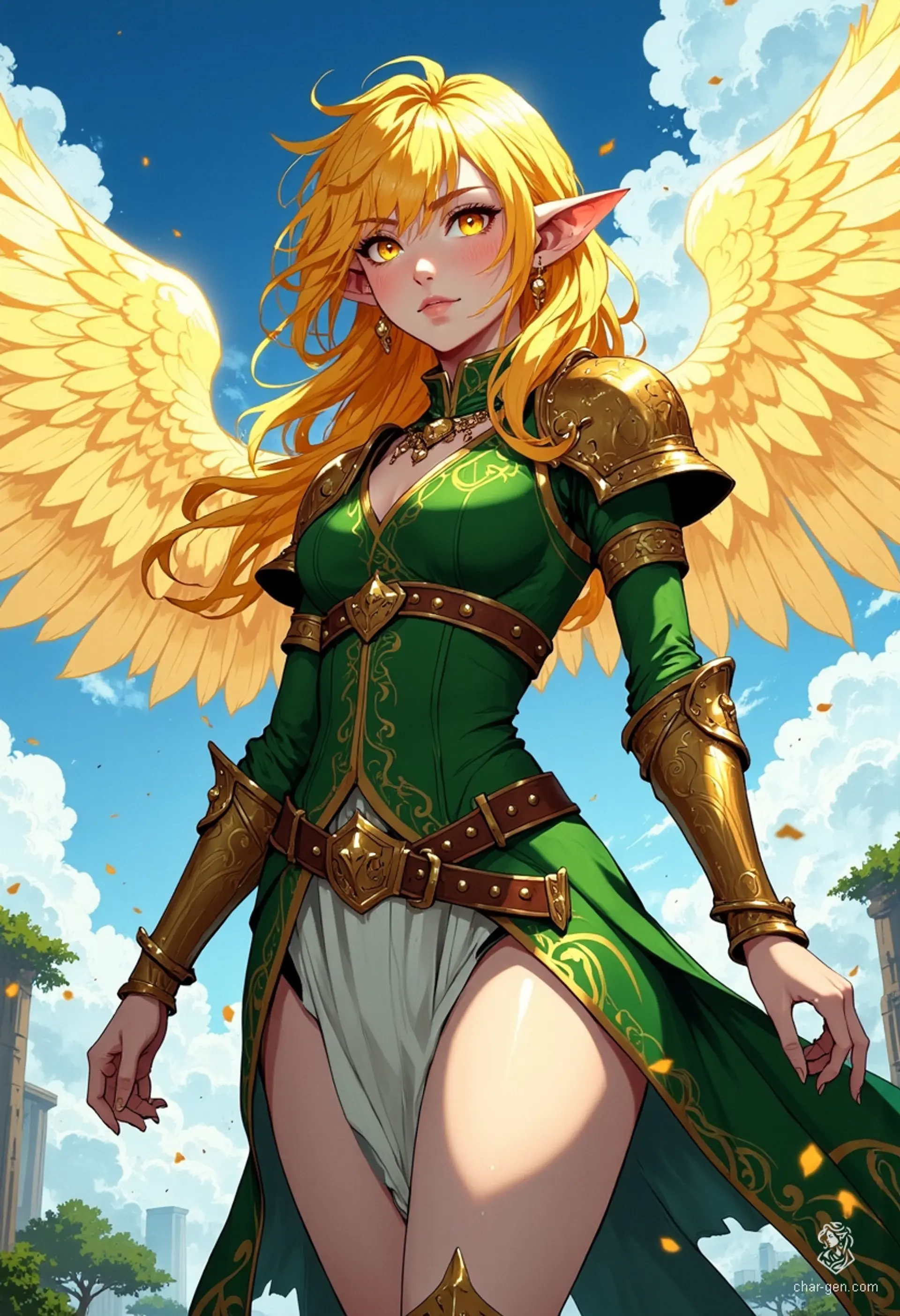 Sigarda is a radiant angelic warrior adorned in striking green and gold armor. With flowing golden hair and glowing gold eyes, she floats gracefully in the sky, embodying strength and beauty. Her dynamic pose and vibrant colors bring her exquisite digital anime art to life, captivating all who gaze upon her.