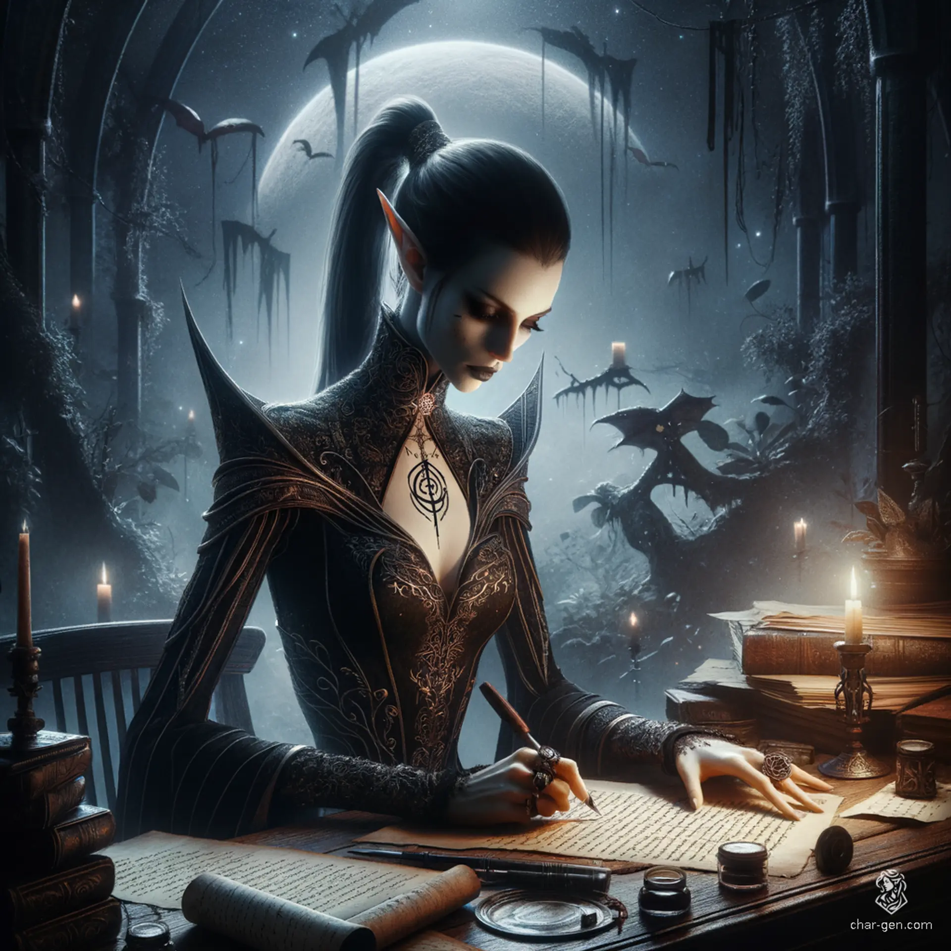 A tall, slim female kalashtar wizard with fair skin, her hair in a ponytail, features arcane sigils and enchanted garments. Working as a scribe in a study, she clutches a quill amid parchments and ink, with a magical tome or staff nearby.