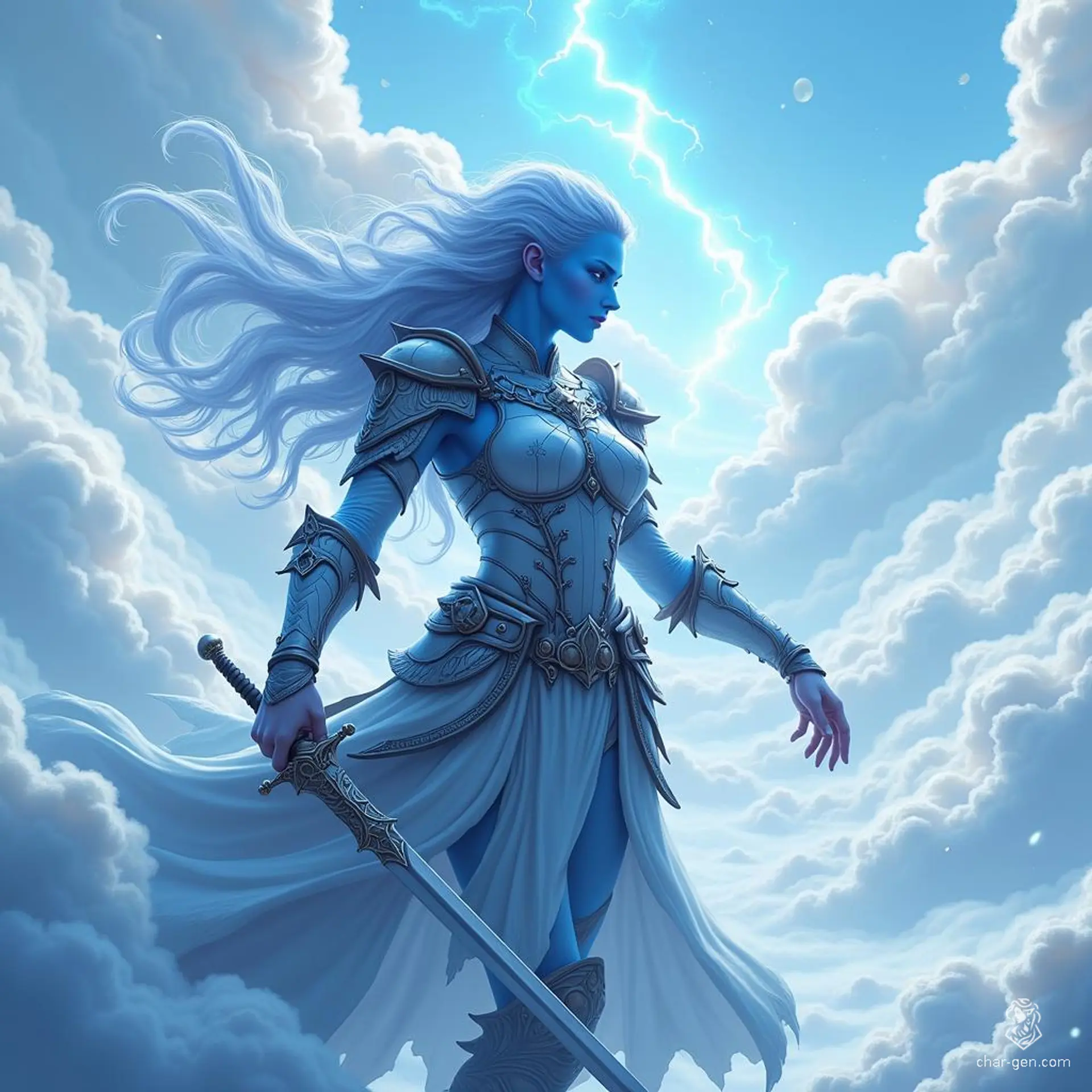 Breezen Aeolus, an 18-year-old air genasi bard, captivates with his sky-blue skin and stormy grey hair. Agile and charming, he wields a rapier and enchanting instrument, enchanting audiences with expressive gestures and air-woven magic, all while embodying noble elegance in detailed leather armor.