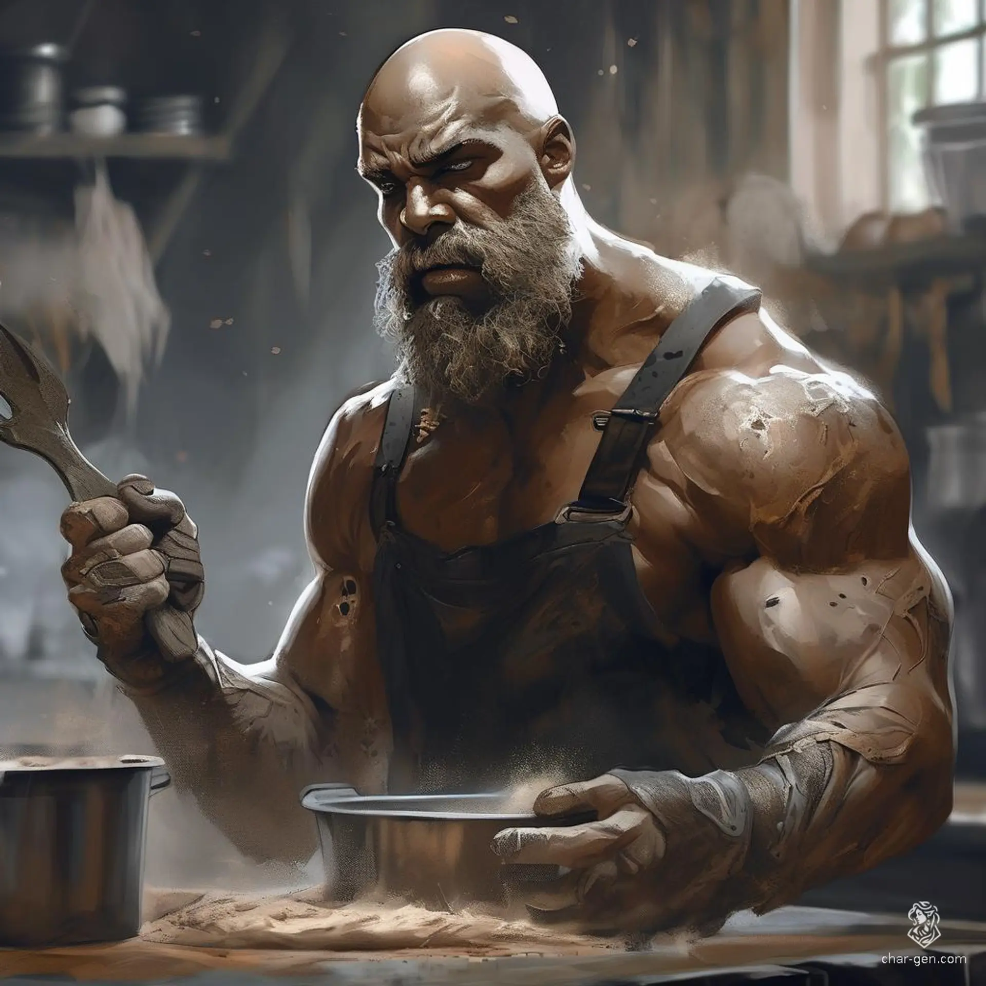 A towering half-giant bard with grey skin and a muscular build, this male baker has a bald head, brown eyes, and a distinct nose. His medium-textured skin is dusted with flour. He sports a curly brown beard, tattoos, and wears a dirty apron over a leather suit, often playing a magical instrument amidst the inviting scent of freshly baked loaves.