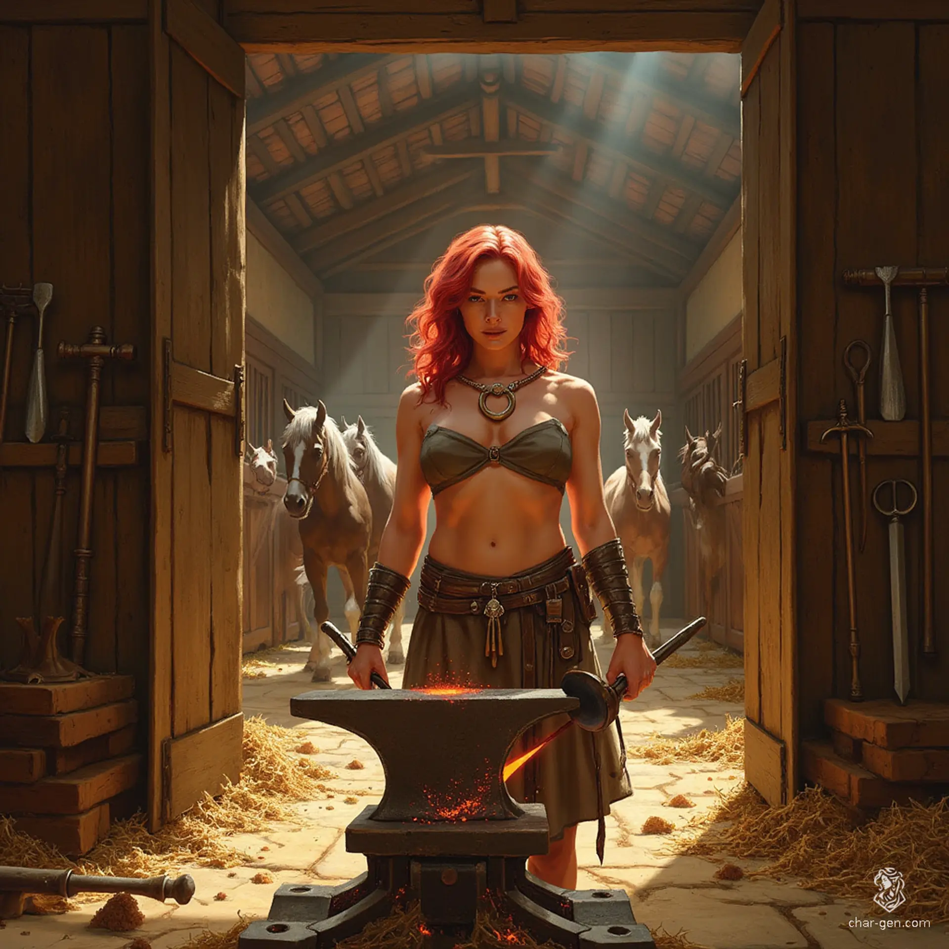 Amidst the sparks of her forge, a tan-skinned farrier with bold cherry red hair expertly crafts weapons, embodying strength and skill. Wearing a mystical horseshoe amulet, she blends human athleticism with equestrian spirit, her loyal horse standing proudly in the background.