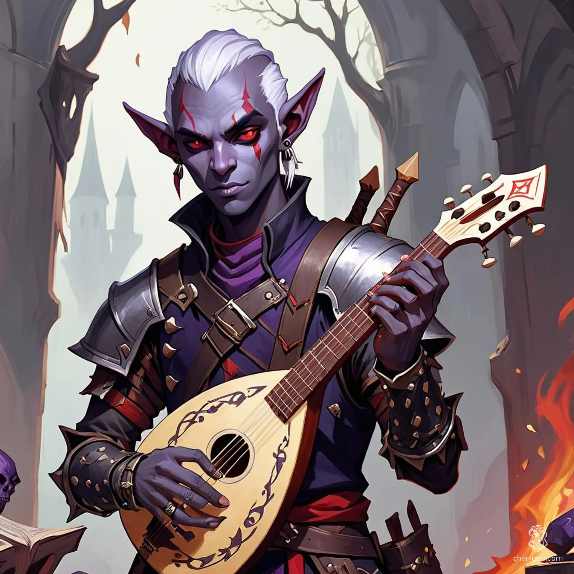Meet Thalron, a male drow bard with dark purple skin, striking red eyes, and signature dark elf ears. Clad in punk rock armor, he wields a rebellious lute, blending melodic magic with edgy flair as he roams the realms, stirring both chaos and inspiration.