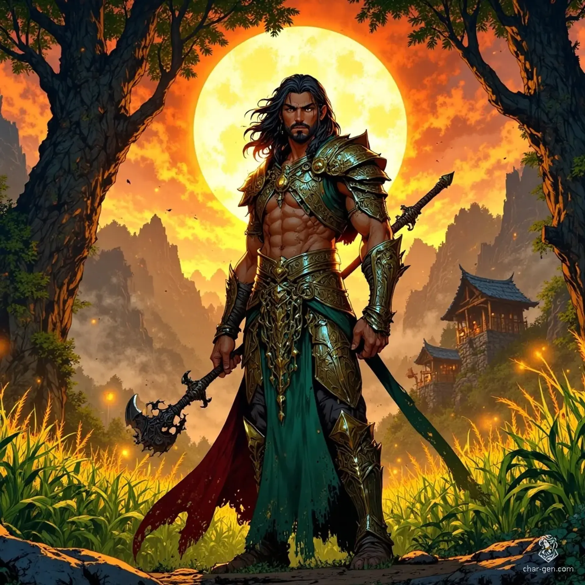 Rojena Golden Reaper Maize-Sweet is a radiant male lunar priestess draped in gold and jade robes, wielding a shining sickle. He stands amidst towering, glowing maize fields, his subtle sinister smile illuminated by warm sunset light, blending sacred grace with an unsettling edge.