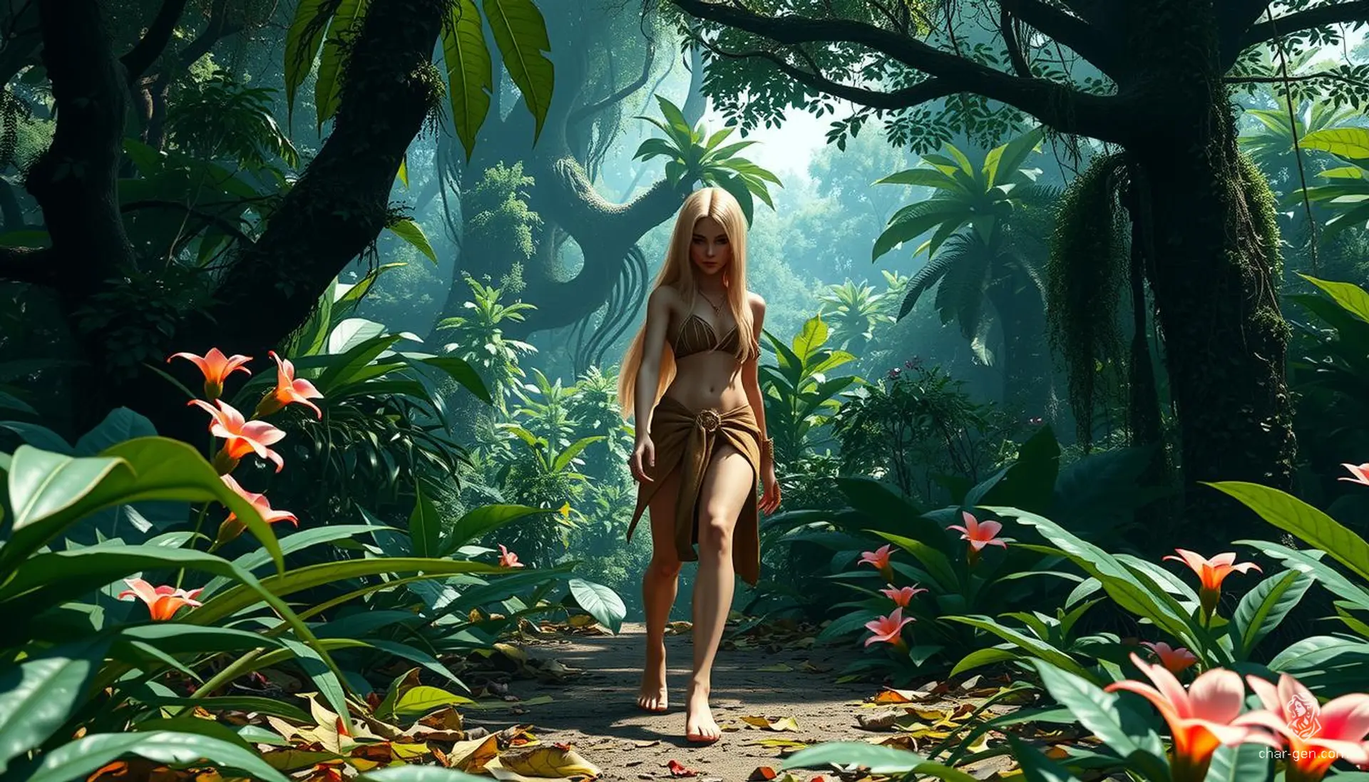 A mesmerizing jungle sprawls with lush, towering trees and vibrant flora, their details hyperrealistic and rich in color. Shafts of golden sunlight pierce the dense canopy, illuminating the path of a 22-year-old woman with flowing blonde hair and primitive attire.