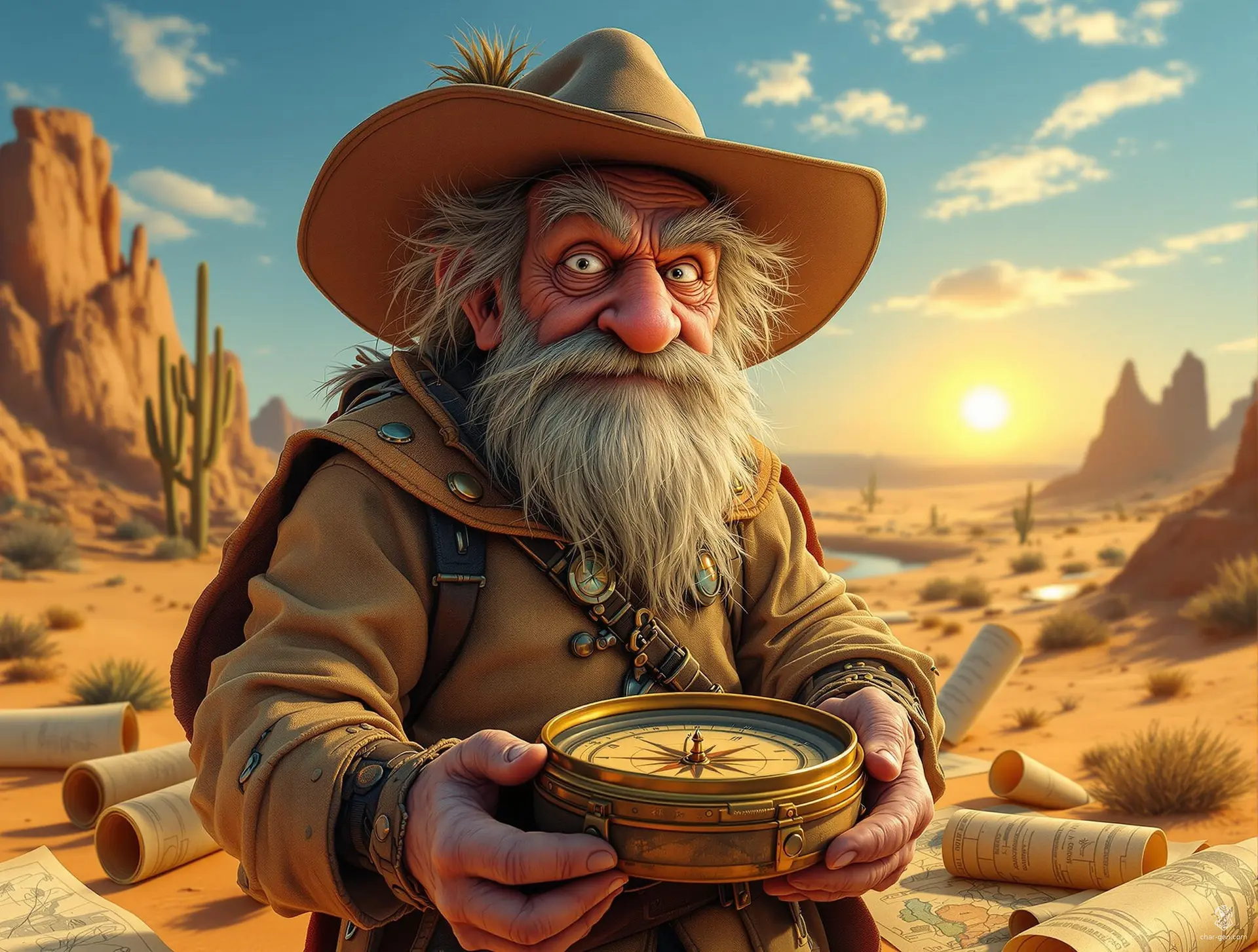 An elderly, frizzy-haired tinkergnome stands thoughtfully in the desert, wearing a wide-brimmed outback hat and outfitted with quirky tinker gadgets. He peers around himself, fumbling with a massive brass compass, puzzled about how to get to Sydney.