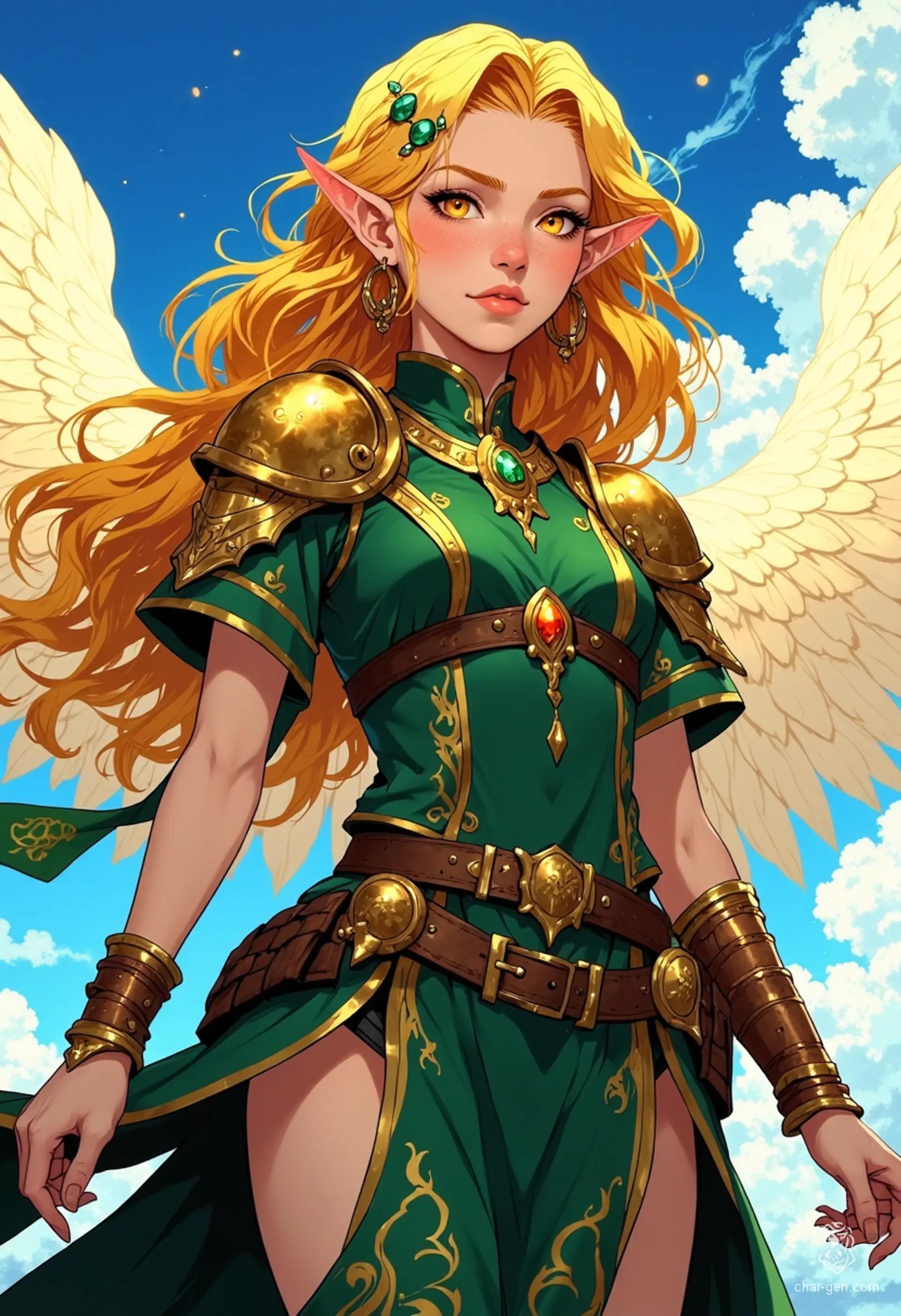 Sigarda is a radiant angelic warrior adorned in striking green and gold armor. With flowing golden hair and glowing gold eyes, she floats gracefully in the sky, embodying strength and beauty. Her dynamic pose and vibrant colors bring her exquisite digital anime art to life, captivating all who gaze upon her.