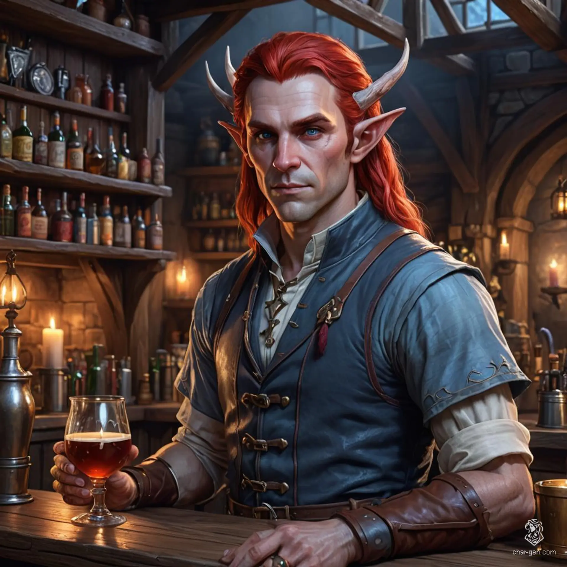 A towering firbolg with a gentle soul, this male innkeeper boasts light blue skin, large elf-like ears, a sprawling mass of red hair, and a large round nose. Polishing glasses behind the tavern bar, he manages rooms and meals, creating a welcoming haven for all patrons.
