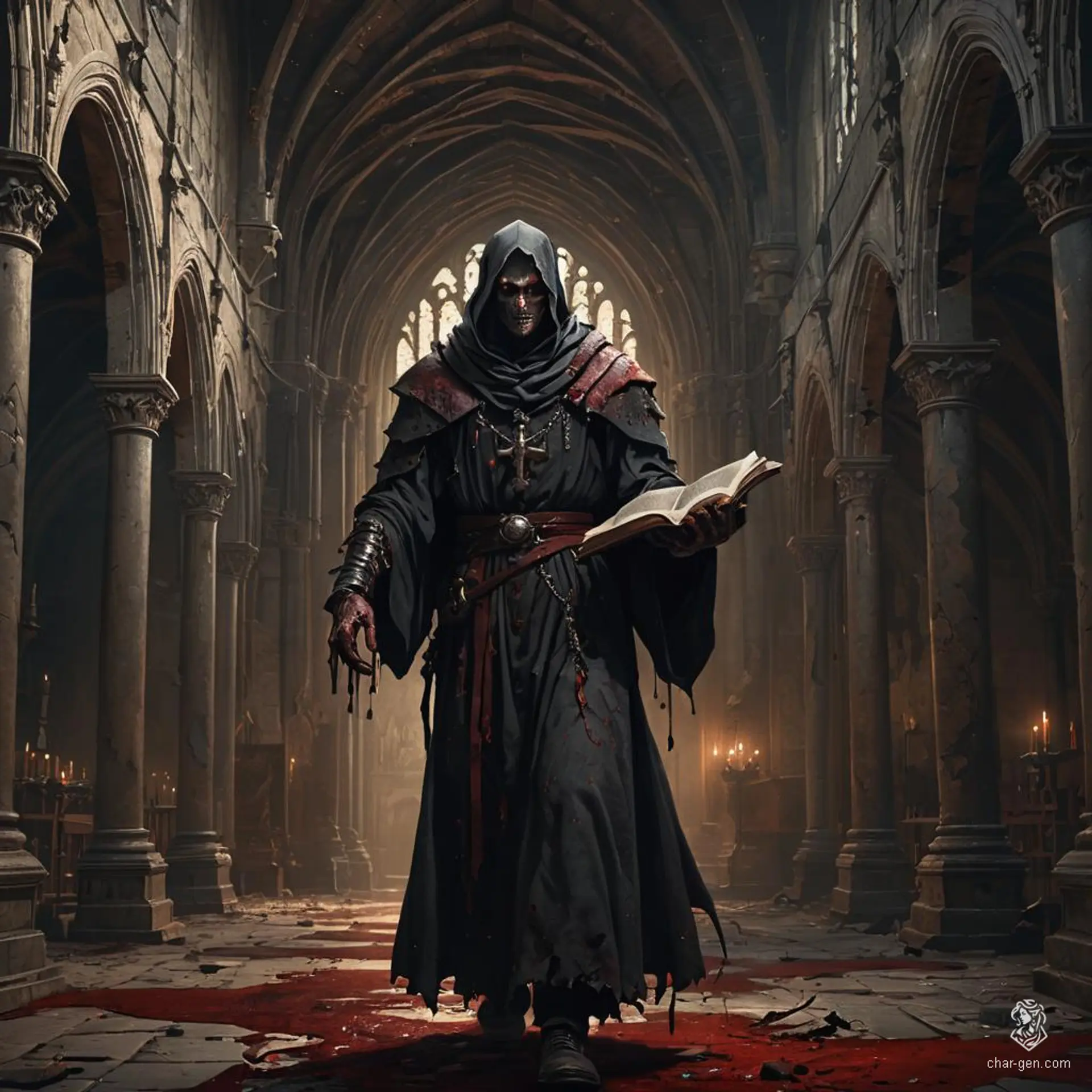 Acolyte: A young cleric in plain robes, bearing religious texts and a prominent holy symbol. Their skin, conspicuously bloodied and raw, starkly contrasts their humble demeanor, adding an unsettling presence to their holy mission.