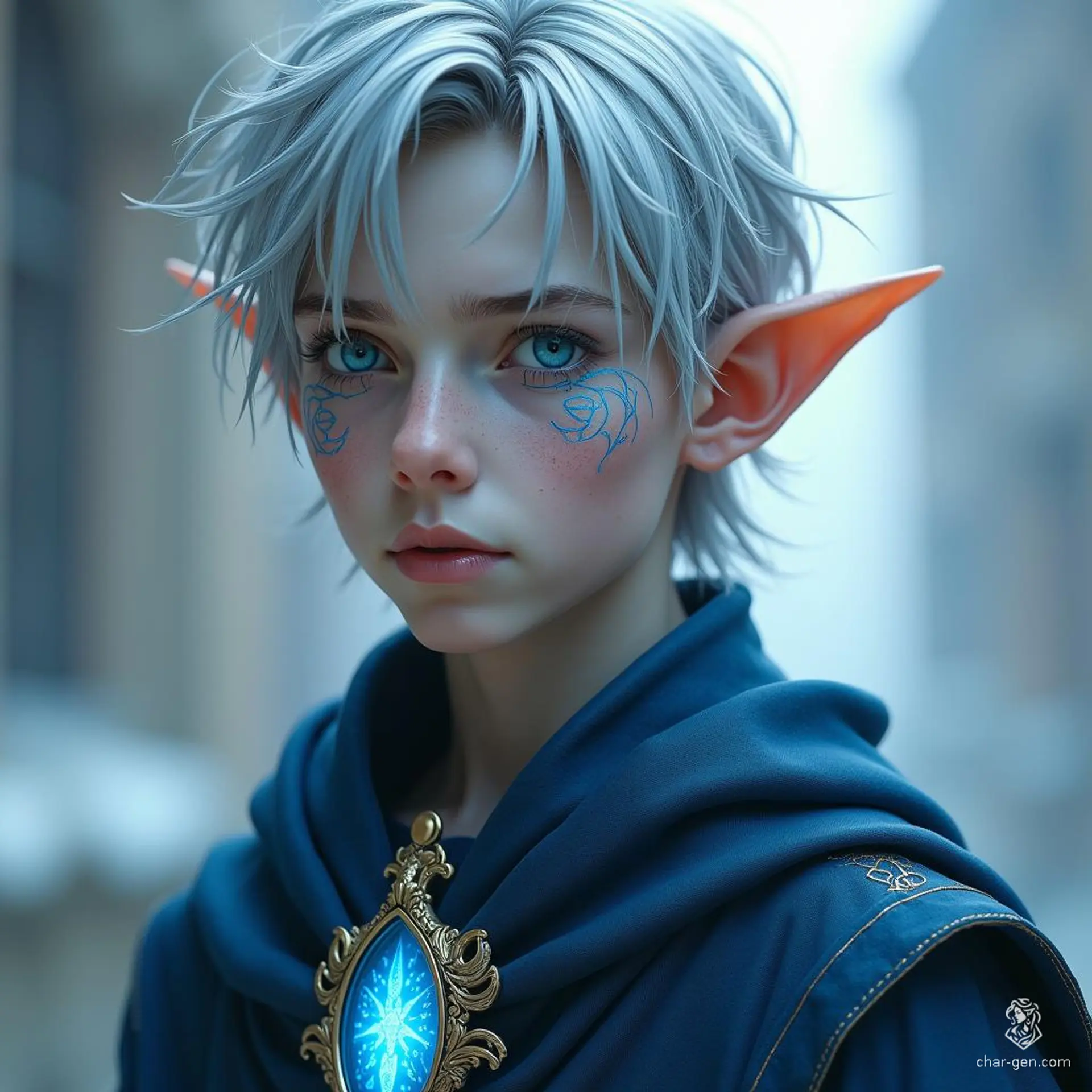 Vollaron, a frail high-elf, possesses sharp, masculine features and tousled silver-gray hair. His piercing blue eyes glow with arcane energy, framed by luminous, intricate marks. Dressed in elegant blue and silver robes, he embodies a serene yet powerful presence, masterfully wielding chronomancy. An hourglass pendant whispers of his heritage.