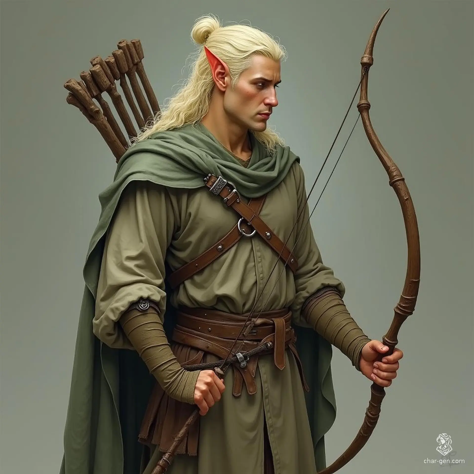 Lysanthir, a pale-skinned wood elf draped in a tattered grey robe, carries the weight of illness upon his slender frame. With flowing blonde hair framing his sorrowful visage, he skillfully wields a longbow, a testament to his enduring spirit amidst fading strength.