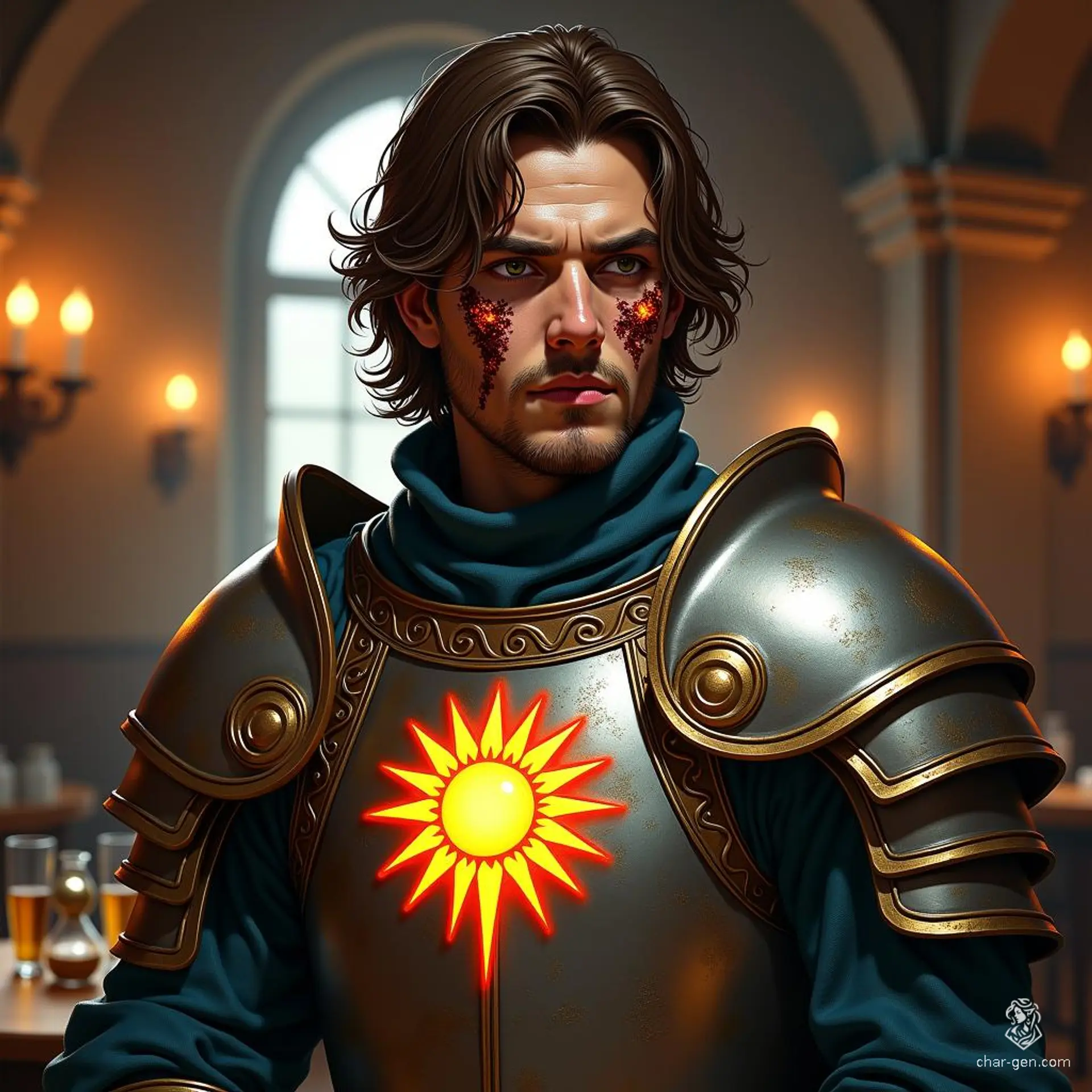 Amidst the flickering candlelight of the tavern, a brooding human cleric of the light domain sits, his armor emblazoned with a radiant sun. Scarred by fire, his burned complexion tells a tale of sacrifice, while his brown hair and eyes flicker with a lingering hope for redemption.