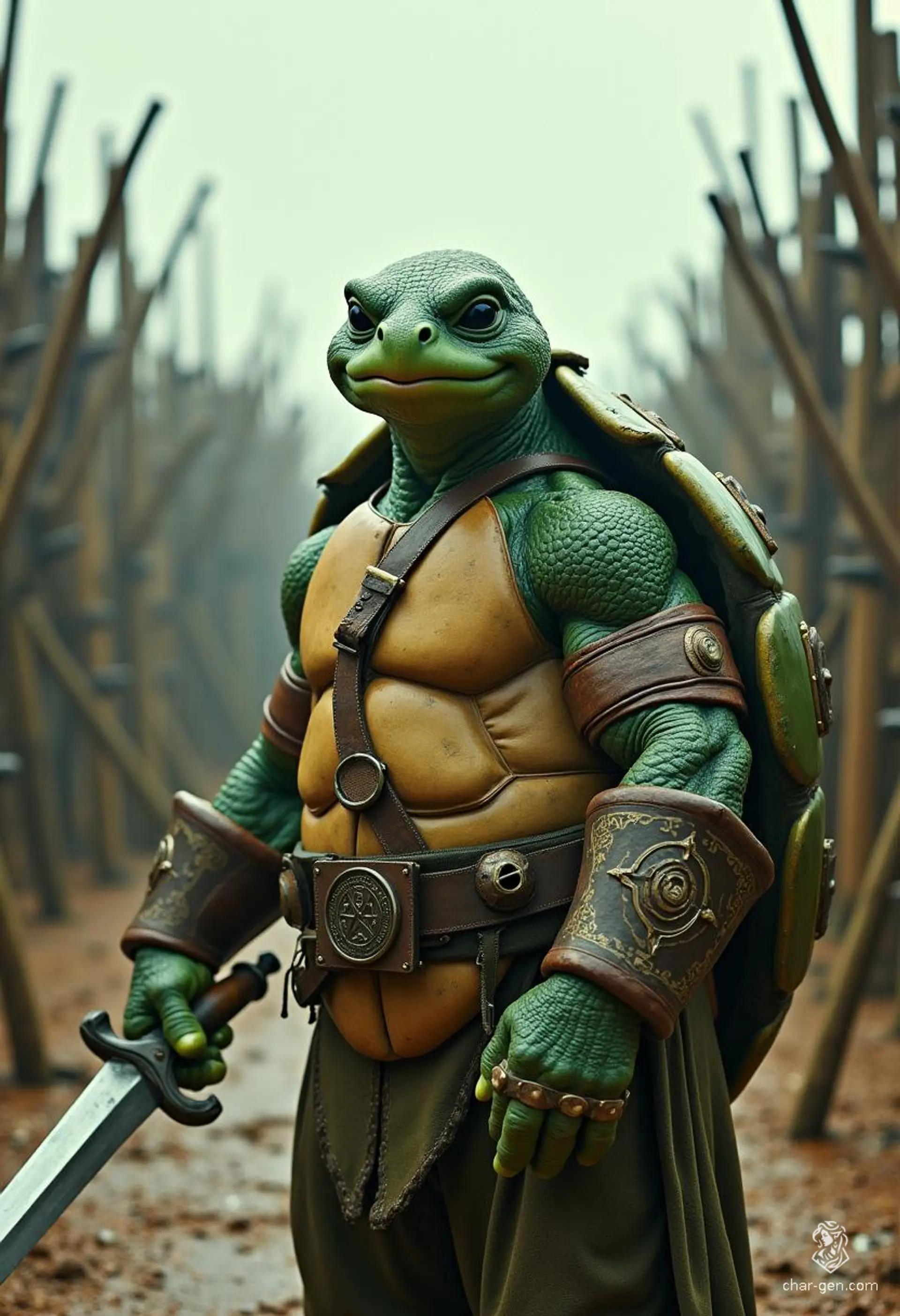 Snaps is a 5'10" charming tortle sorcerer and pirate, adorned in enchanted garments and arcane sigils. With his sturdy shell, vibrant green skin, and striking black eyes, he wields lightning's power and a formidable dagger. For Snaps, the sea embodies freedom, and courage is his unyielding creed.