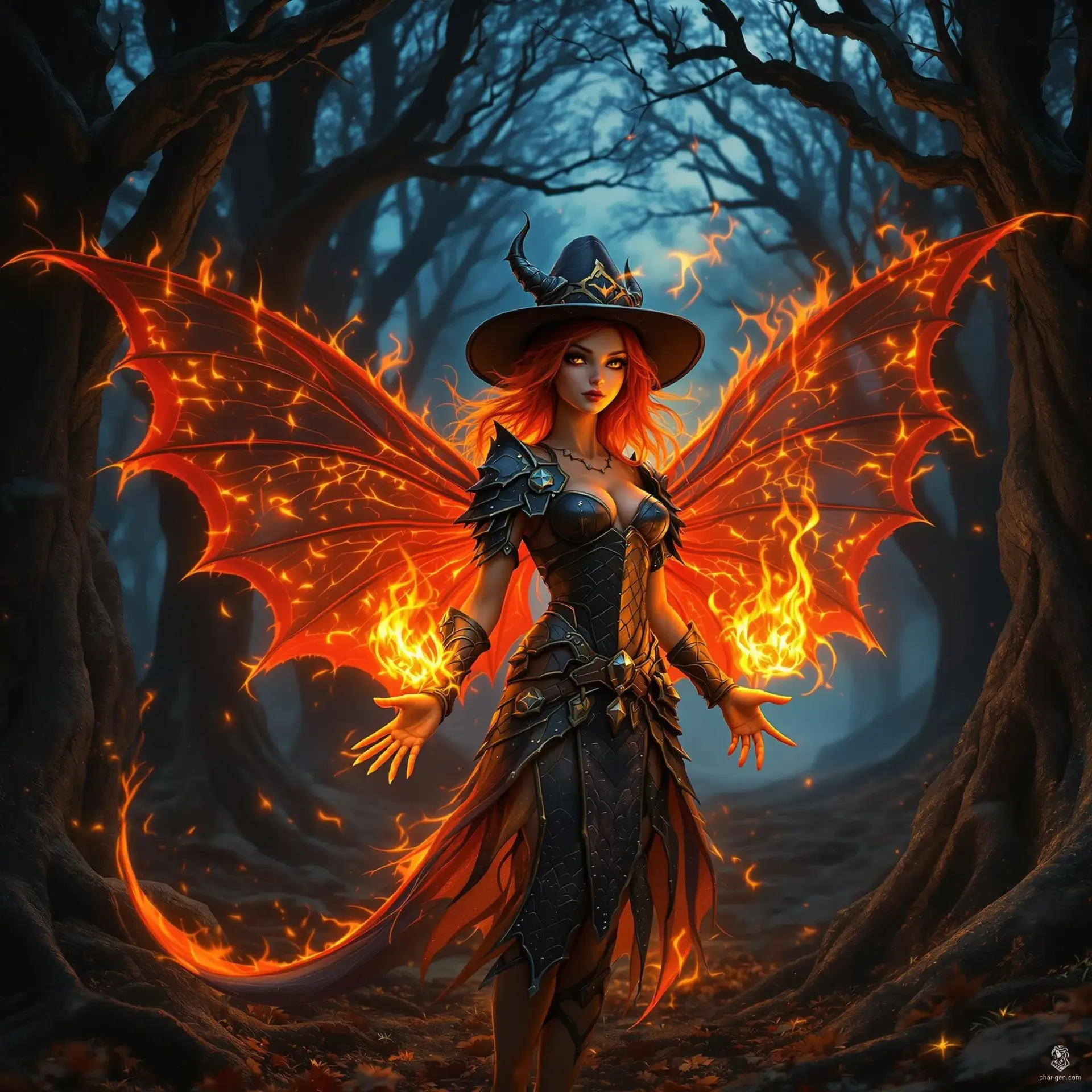 Lirael, the fiery fairy druid, stands at one foot tall, adorned with vibrant sunset orange hair and shimmering red wings. Her golden skin glows with a flickering flame, while a single black dragon scale armor holds her spell components. With ethereal, elfin features, she embodies the spirit of nature and magic.