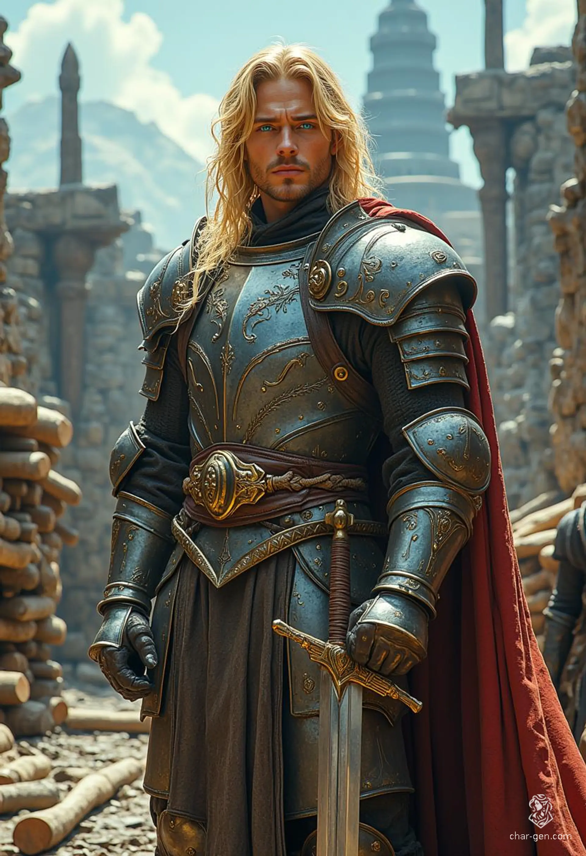 Logan, a noble paladin of House Falendar, stands tall at 6'2" with fair skin and long blond hair. Driven by a desire to avenge his family, he wields a dagger and a family heirloom longsword with unwavering honor. With sharp blue eyes, he fights fiercely for the defenseless.