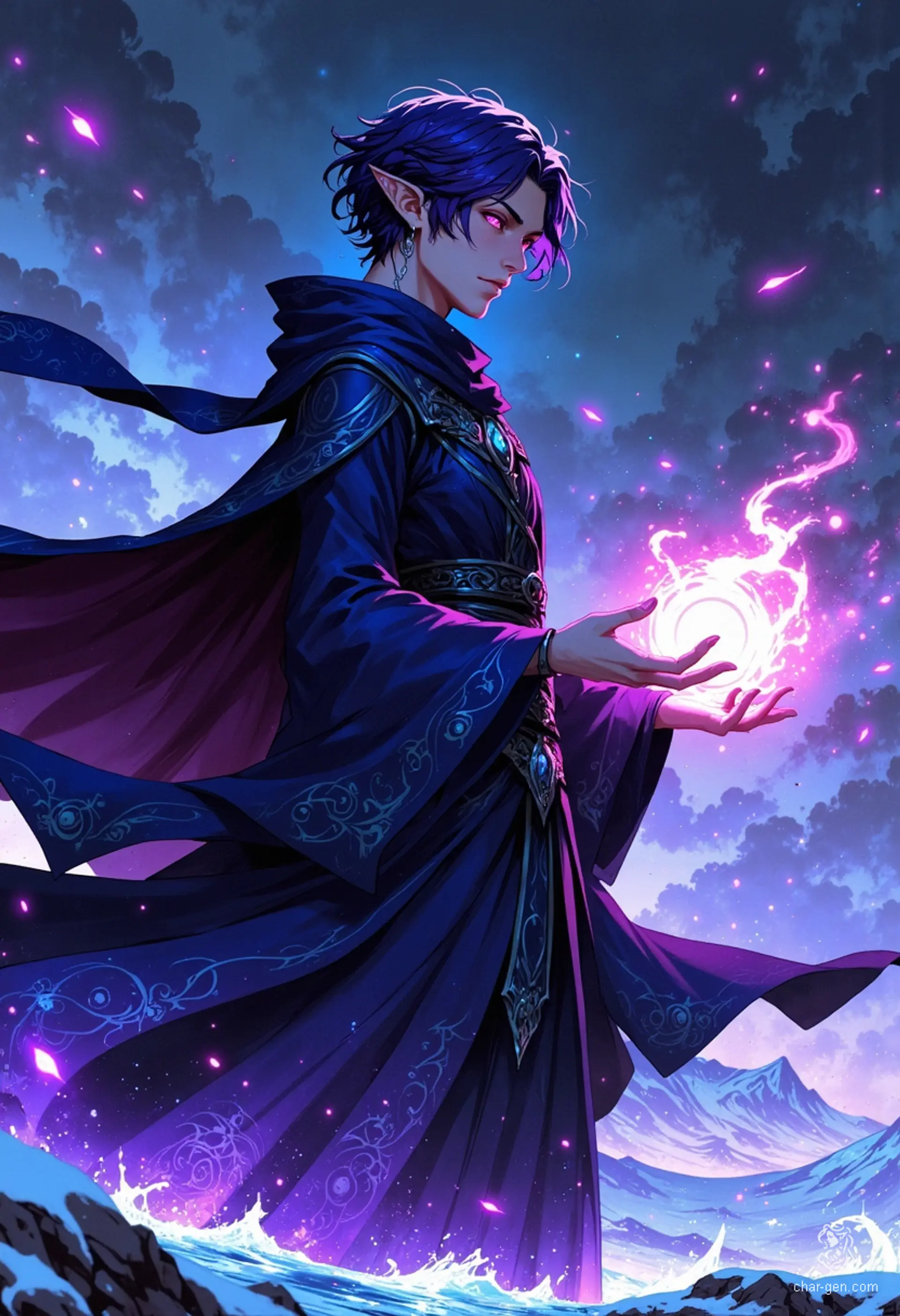 A striking portrait of a slender, ethereal male figure stands against an icy landscape, his glowing violet eyes piercing through the cold. Clad in an elaborate dark blue robe, his short, dark purple hair sways in the frigid wind as magic emanates from his beautifully detailed hands, creating an enchanting aura.