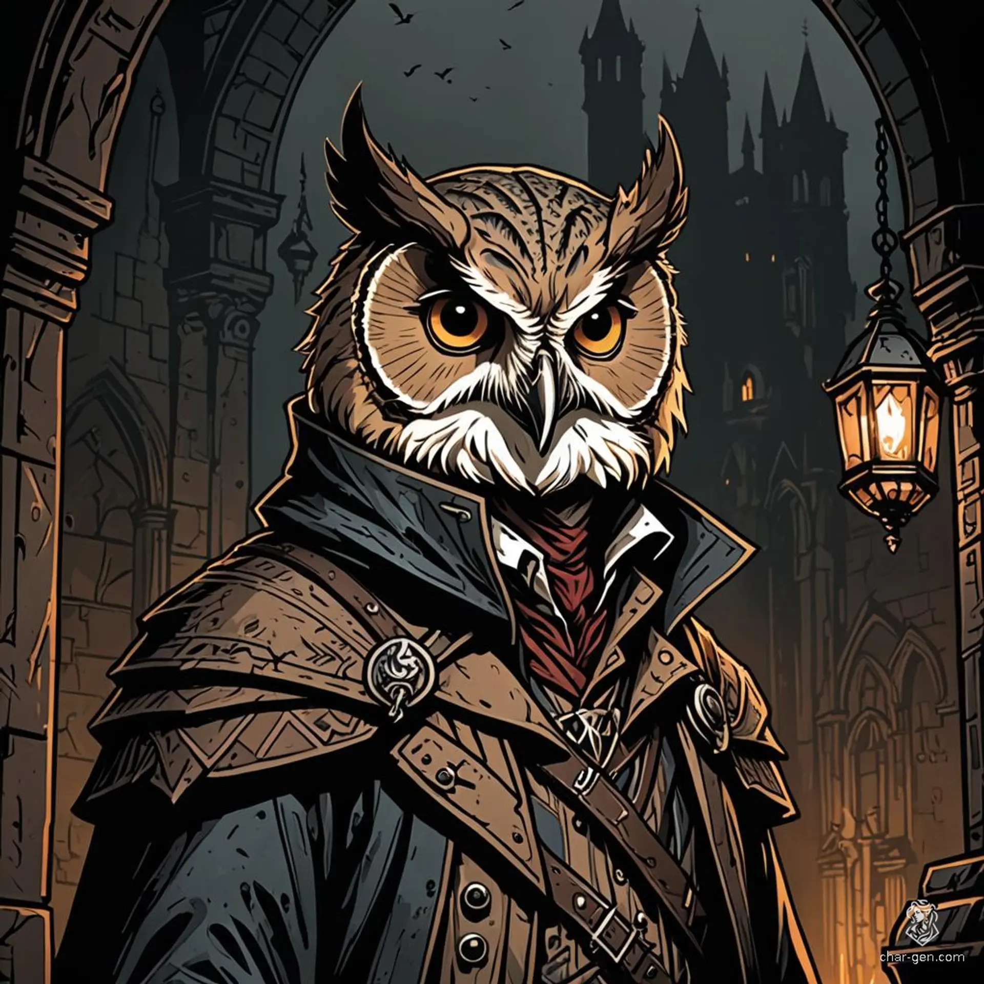 An anthropomorphic male owlin rogue with tan skin and feathery wings, adept at stealth. Disguised as a nobleman, he works as a spy, blending into crowds while eavesdropping and carrying secret messages.