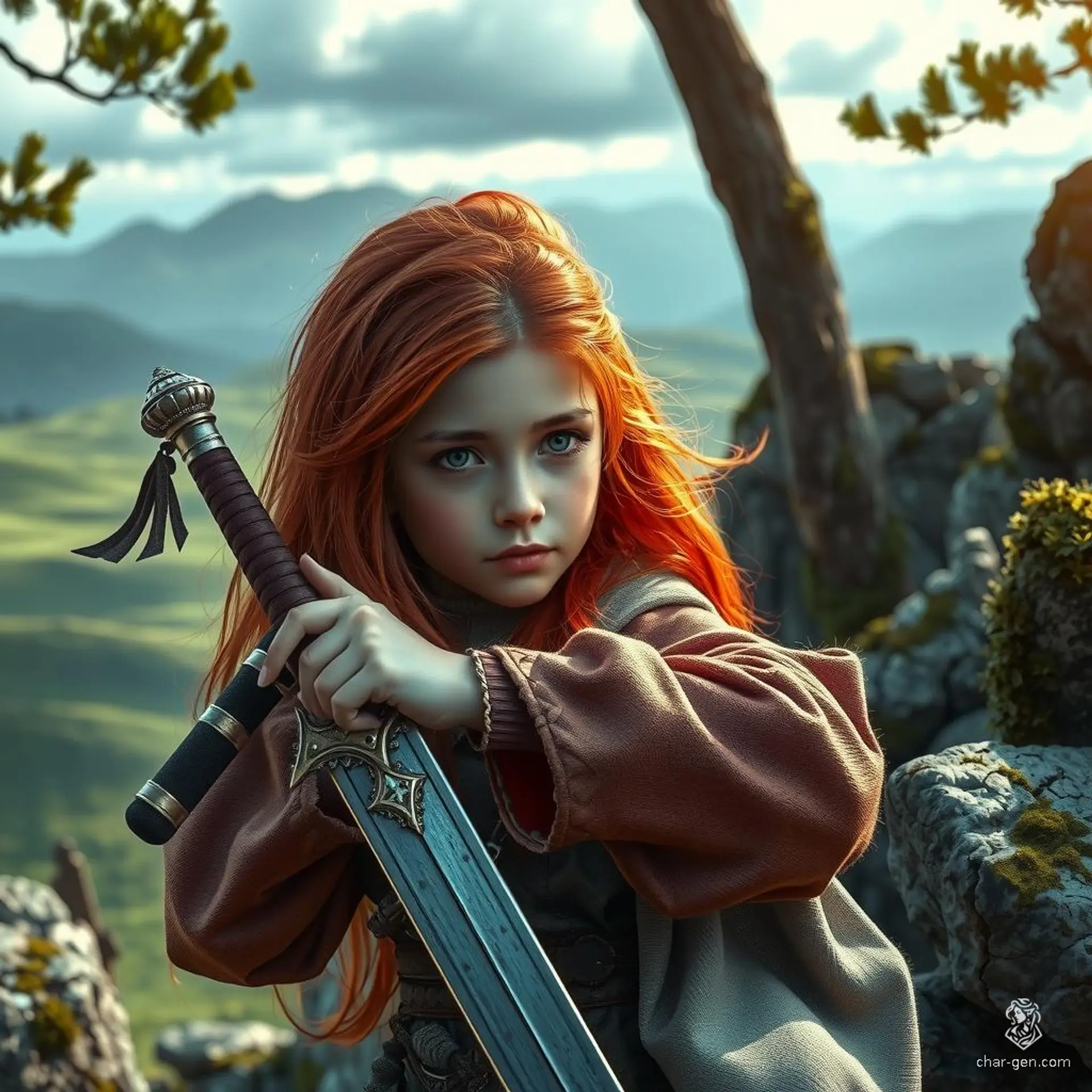 In a lush, mystical forest bathed in the golden glow of twilight, a young girl with fiery red hair stands resolute, gripping a large, ancient sword. The surrounding flora shimmers with ethereal light, creating an enchanting tapestry of vibrant colors and intricate details.