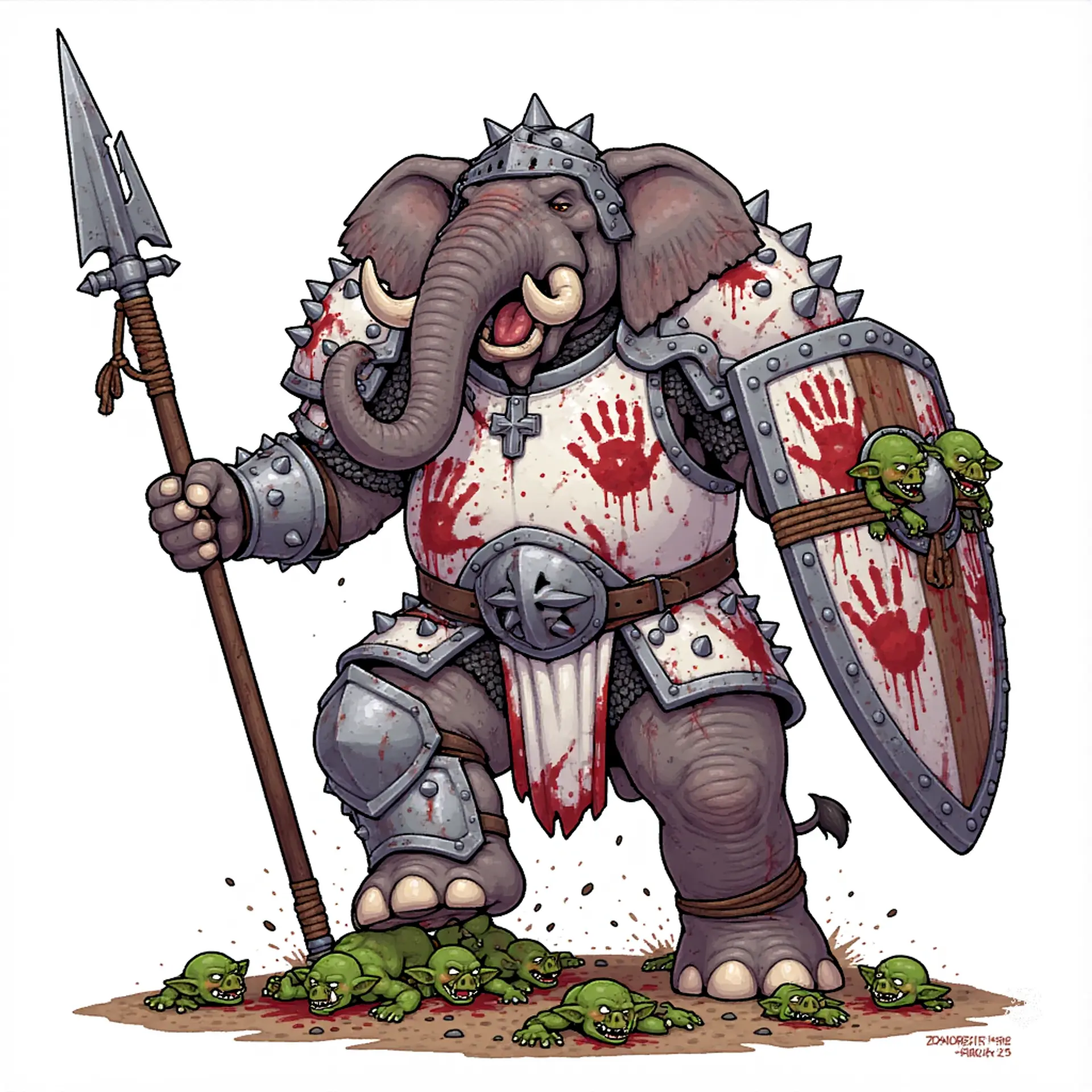 Towering loxodon with mottled, thick hide veined by red undertones and pitted scars. Broad, tusked muzzle and muscular trunk ringed with calluses. Heavy, jointed limbs end in padded, clawed feet; small, intelligent eyes glitter beneath folded brow and ragged ceremonial armor.