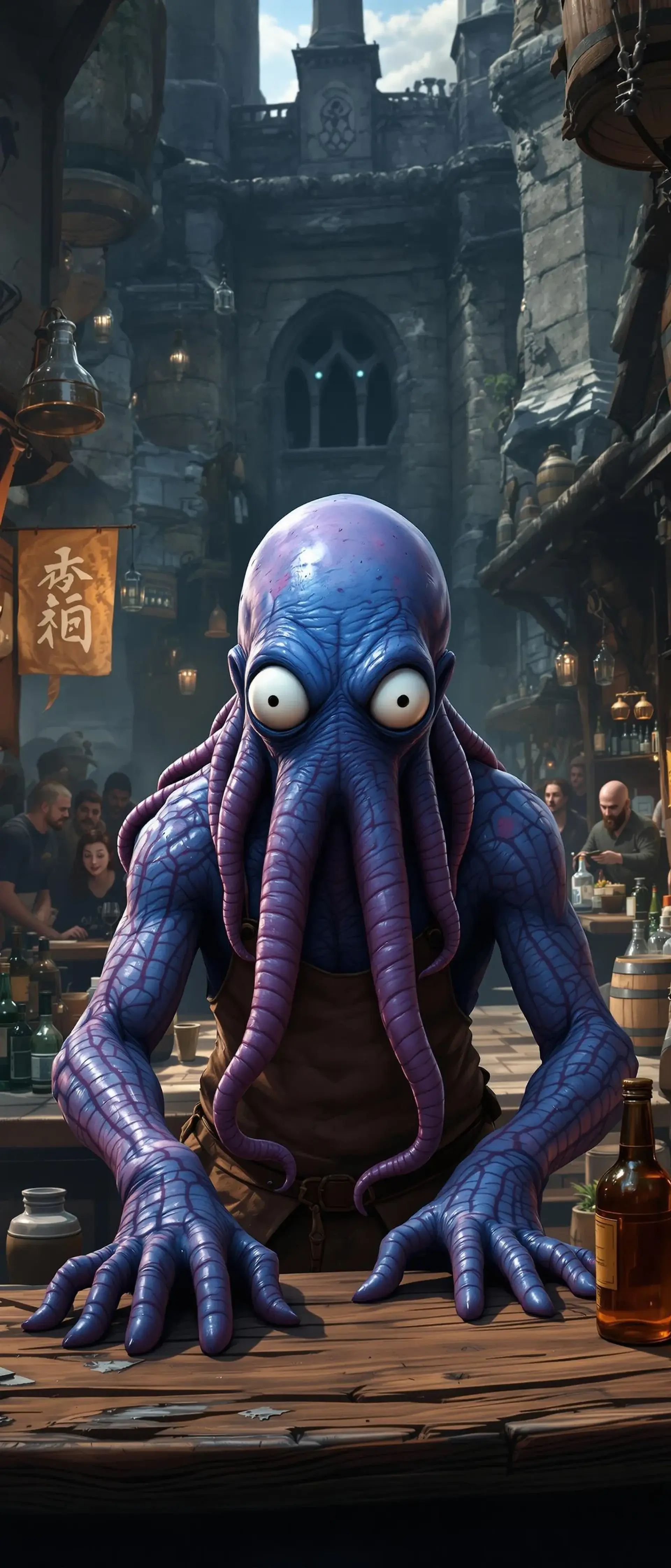 A blue-skinned young male mind flayer, bald with slimy purple tentacles and large white eyes, works as a bartender. Amid barrels and lively patrons, he wipes down counters, blending eerie alien presence with the bustling tavern atmosphere.
