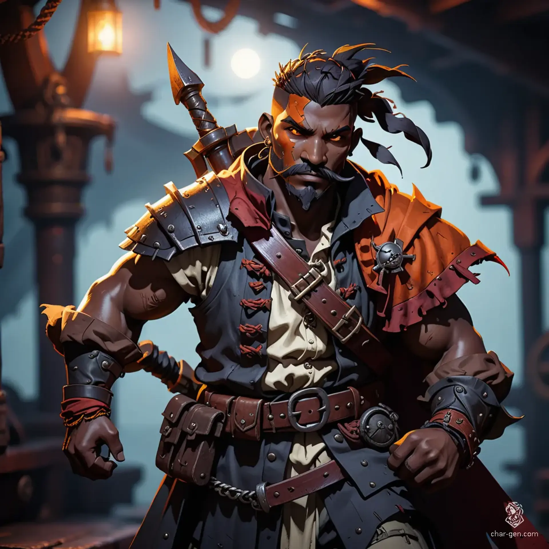 In a striking pose on his pirate ship’s crow's nest, this formidable warrior boasts fiery orange eyebrows and a dramatic scar. With a larger nose and decorative beard clasps, he wields a war hammer and shield, exuding both strength and sophistication. Moonlight casts ominous shadows, enhancing the mystical allure of his vibrant, intricately textured attire.
