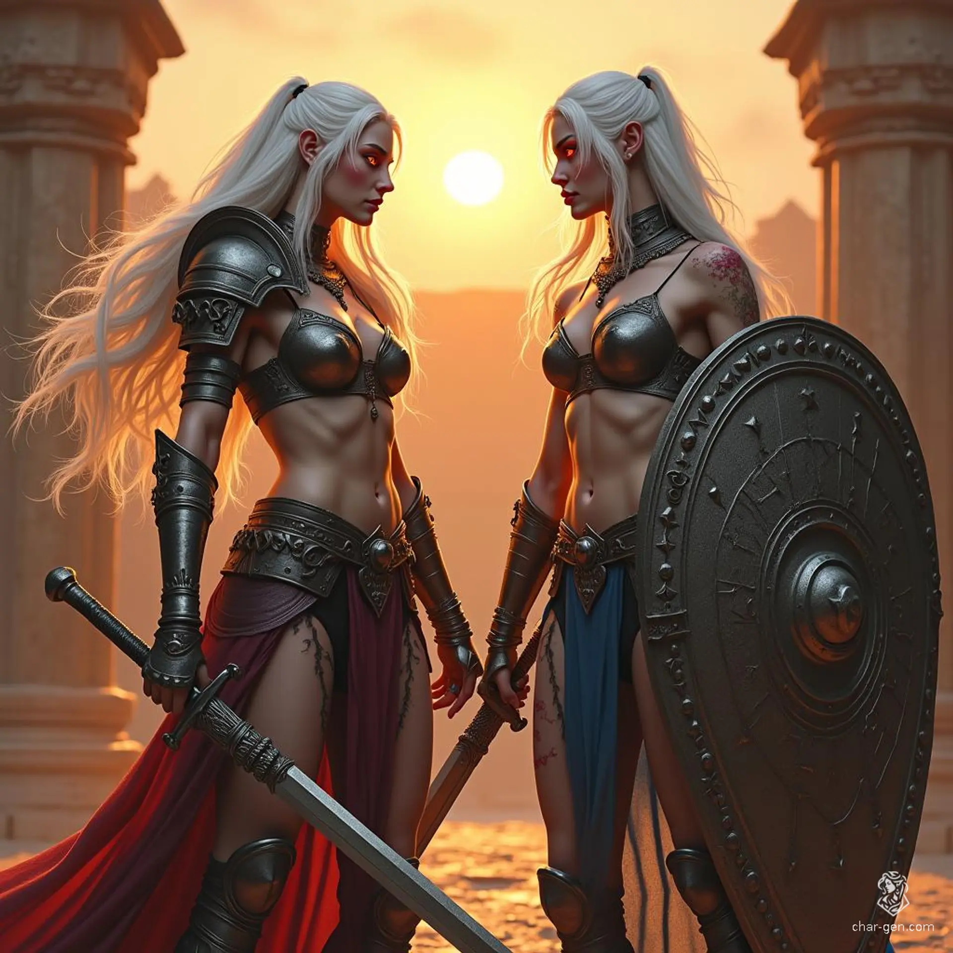 In a fiery arena, two formidable Drow sisters stand poised for battle. The first, a fierce swordswoman with flowing white hair and piercing red eyes, radiates lethal grace. Beside her, a battle-worn warrior wields a scarred shield, her striking blue eyes revealing unyielding determination.