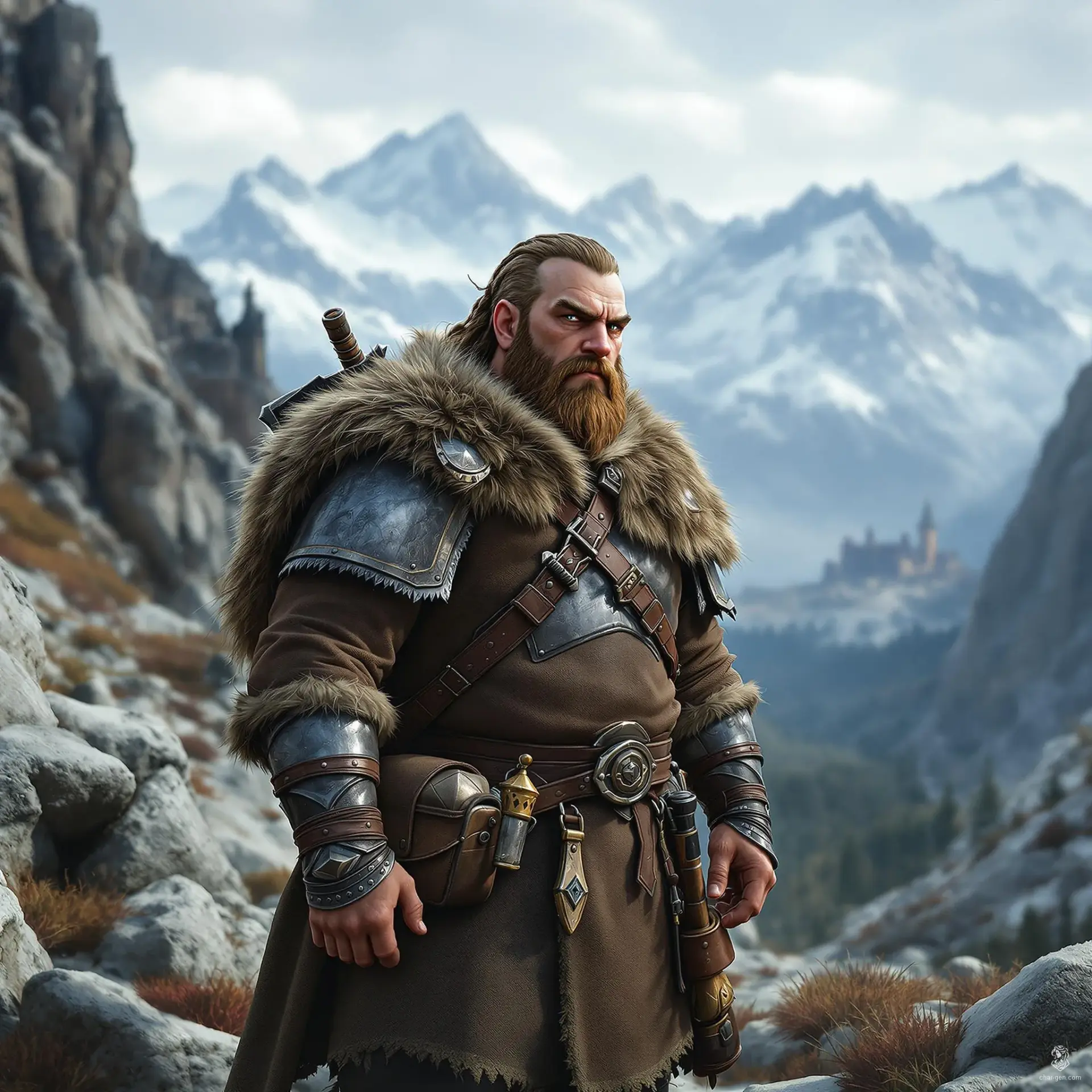 A seasoned Dwarf Ranger, around thirty, stands resolute in a rugged mountain landscape. Clad in weathered leather armor and a fur-lined cloak, his braided beard adorned with metallic clasps reflects his adventurous spirit. With a keen eye, he scans the horizon, ready for whatever challenges arise.
