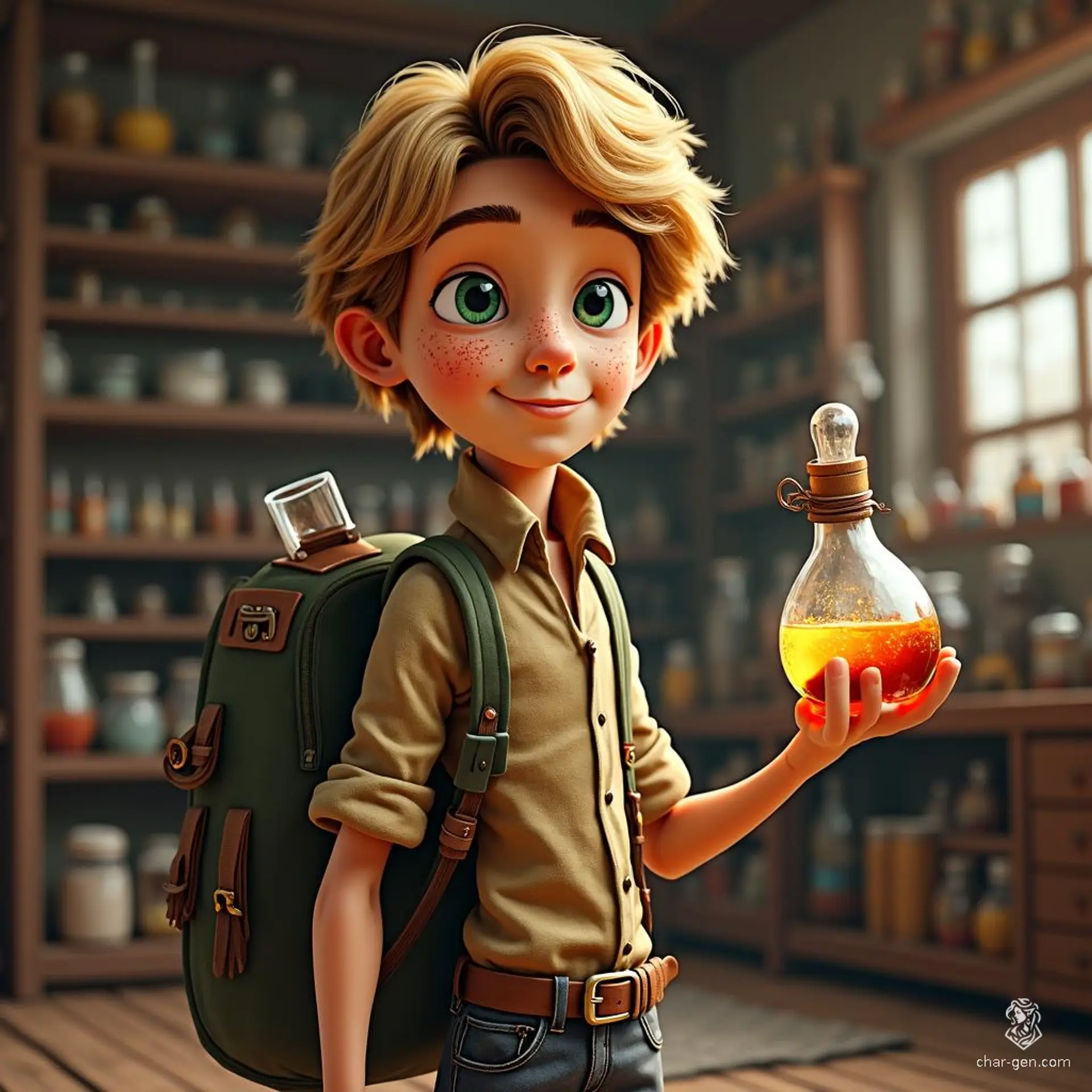Jebediah, the general store manager, is a young, lanky man with sandy blonde hair, bright green eyes, and a fair, freckled complexion. Often clad in simple, practical attire, his fidgety mannerisms and clumsy posture define his character. In a three-quarter pose, he holds a potion flask, embodying a blend of realism and charm.