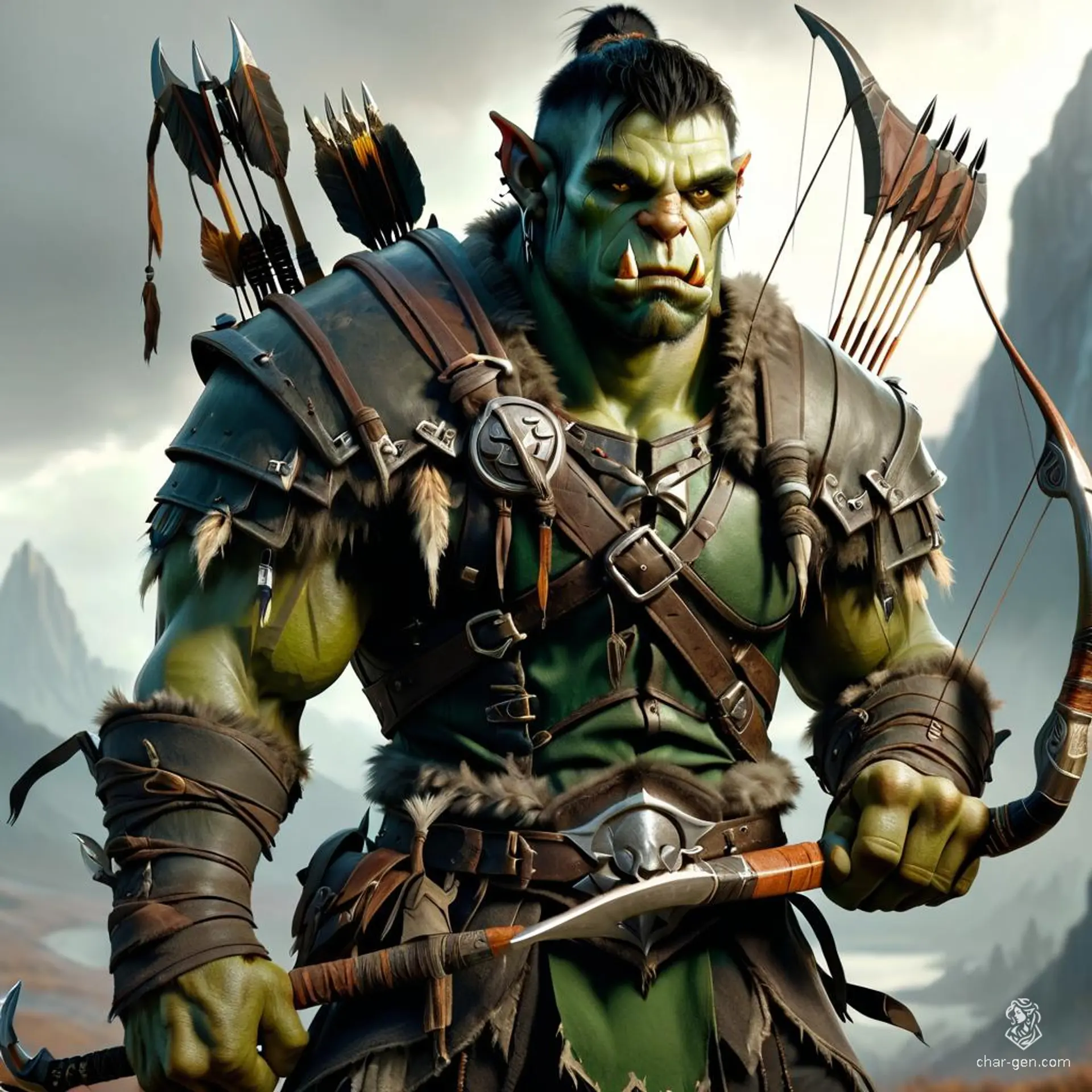 A tusked, green-skinned male half-orc with human facial features, the moderate build Ranger excels as an archer. With keen eyes, ranger gear, a bow in hand, and a quiver on his back, he masterfully navigates the wilds.
