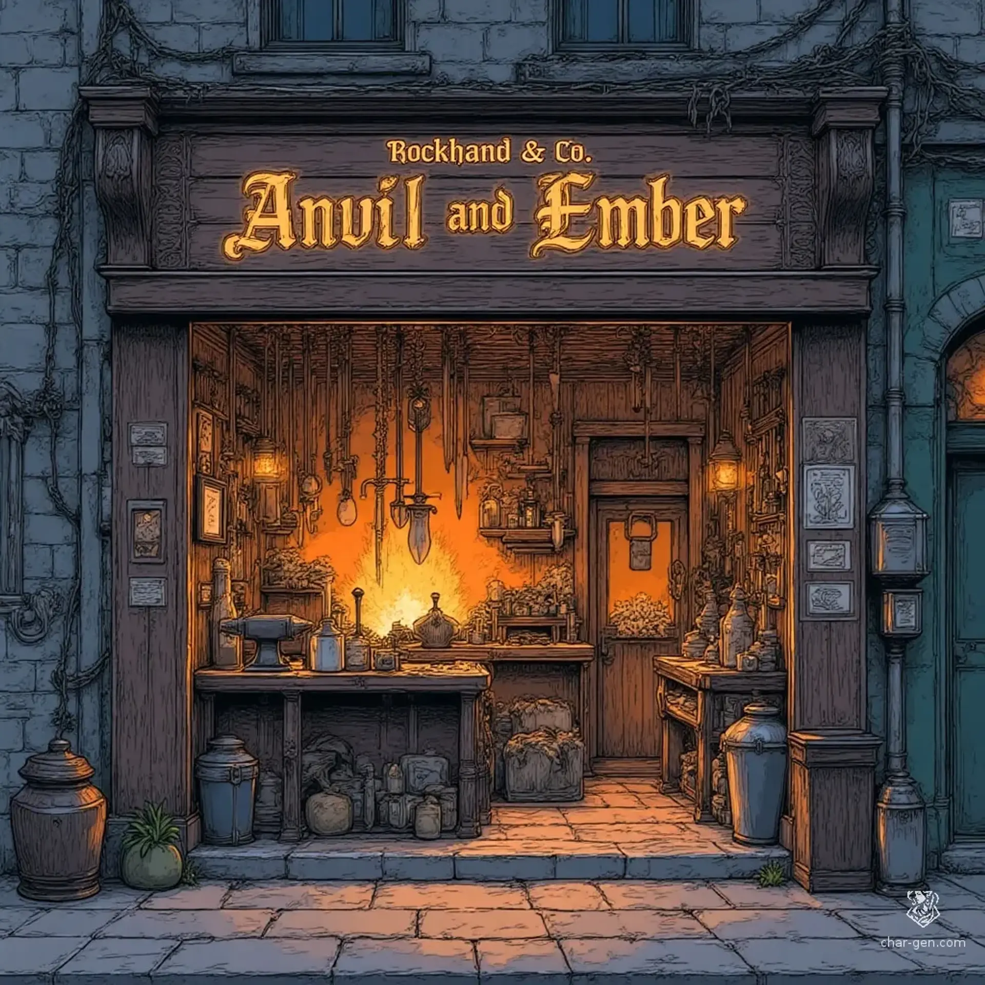 Rockhand & Co. — Anvil and Ember - AI-generated fantasy Shop