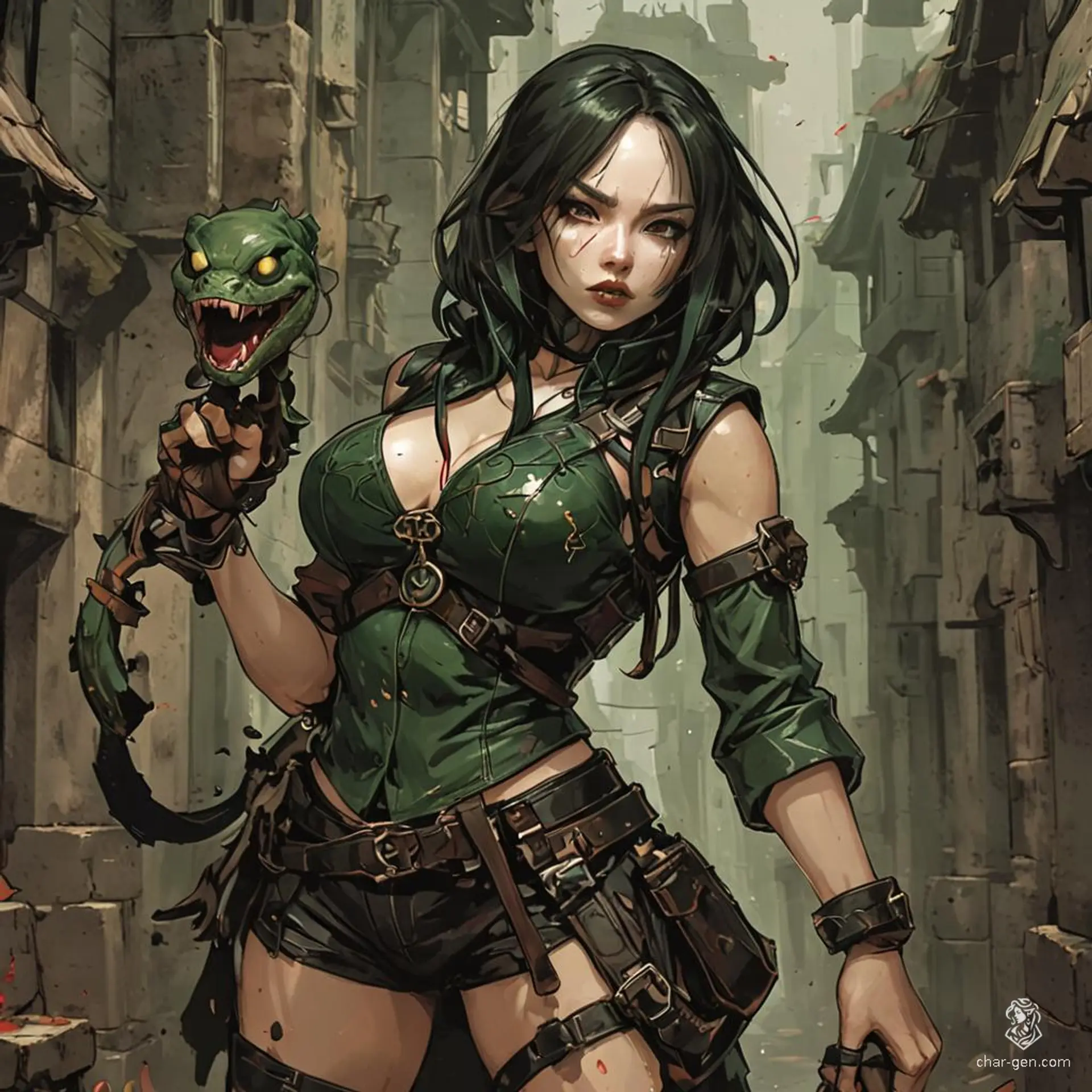 A cunning yuan-ti serpent woman rogue, clad in leather adorned with straps and pouches, triumphantly brandishes a severed vampire head. With green scales, snake-like features, and a forked tongue, her fierce expression mirrors the dangers lurking in the shadows of the medieval city alley.