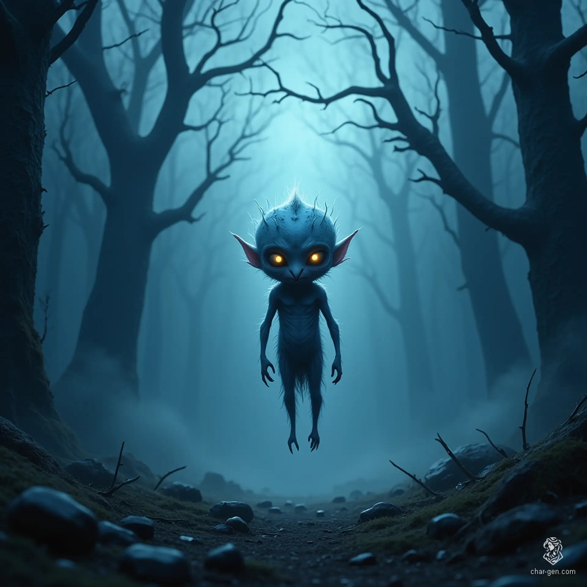 In the depths of a dark forest, faceless, shadowy beings float like wisps of smoke. These tiny, ethereal humanoids hover silently, their dark forms captivatingly eerie, drawing you in with their enigmatic gaze that promises both mystery and peril.