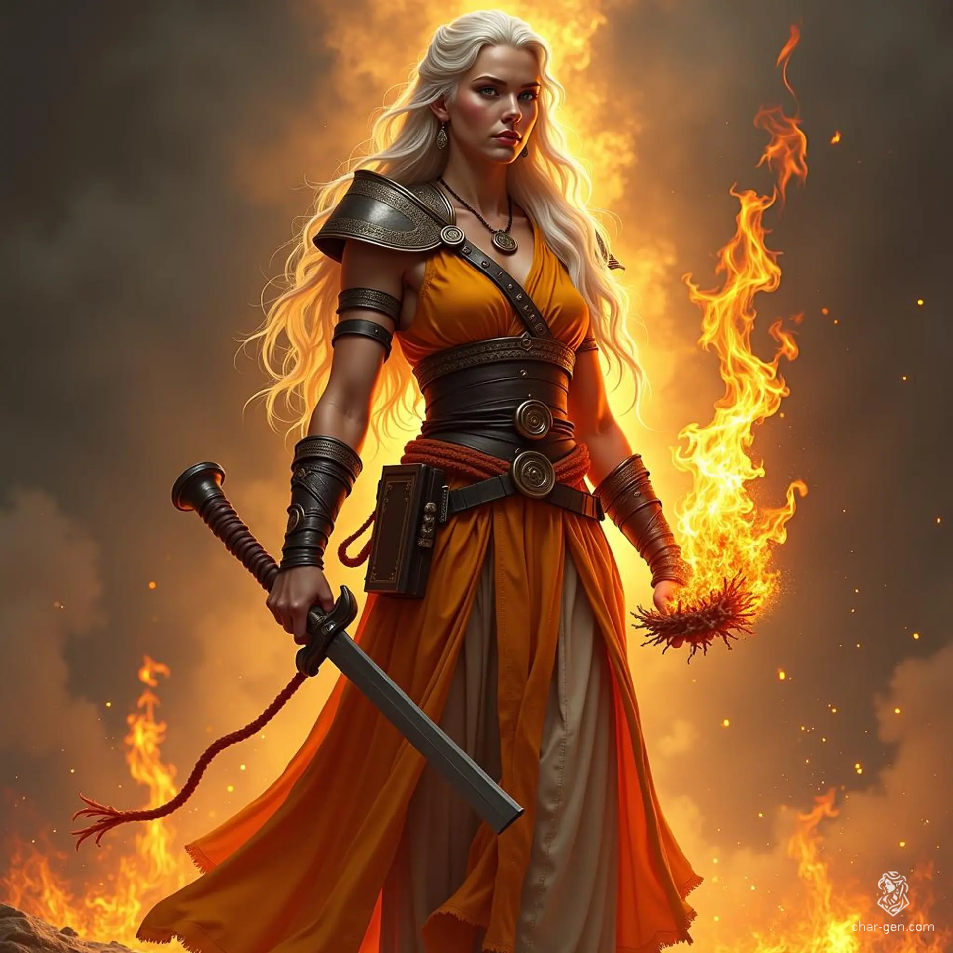 A fire genasi cleric, cloaked in earthy druid attire, embodies the harmony of flame and nature. With vibrant, ember-like hair and glowing skin, she wields divine magic to heal and protect, channeling the fierce spirit of fire while nurturing the roots of the earth.
