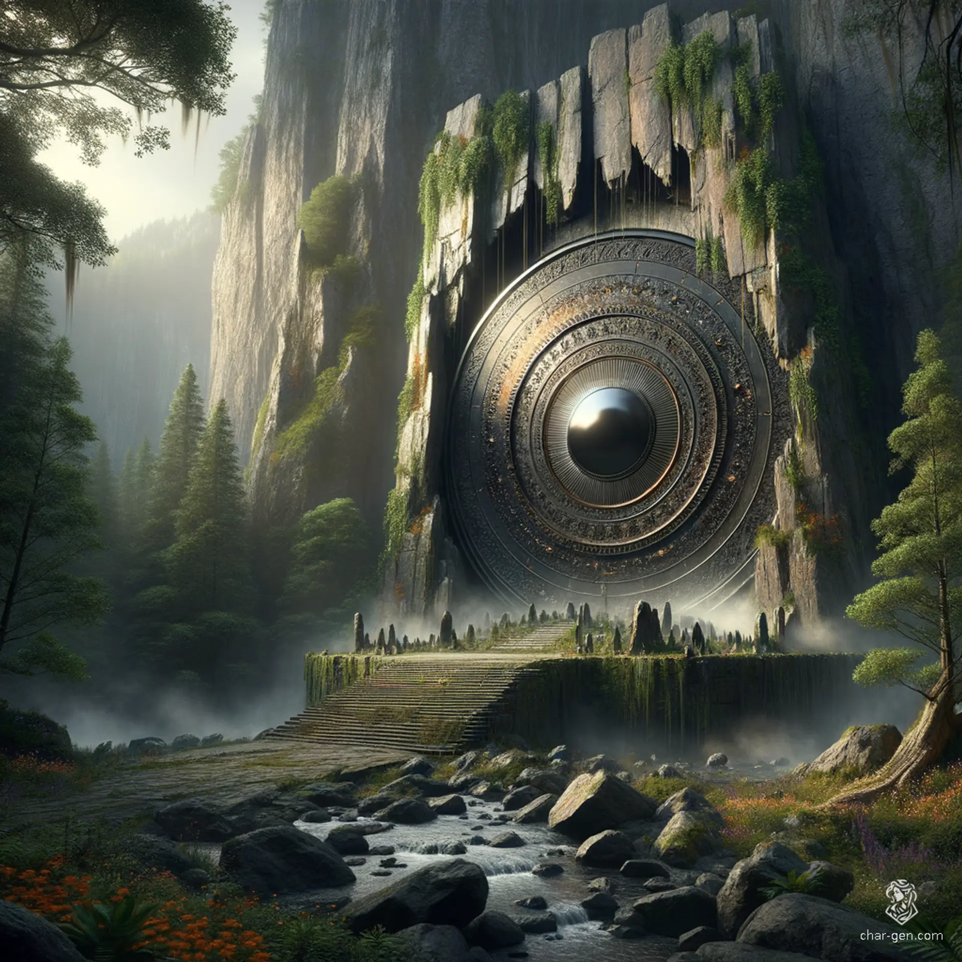 Nestled within the embrace of a colossal rock formation, the ancient altar rises, intricately carved by time. Mist curls around its base, while a shimmering black metal disc pulsates at its center, surrounded by luminescent crystals that bathe the rugged stone in ethereal light, beckoning adventurers with its mysterious allure.