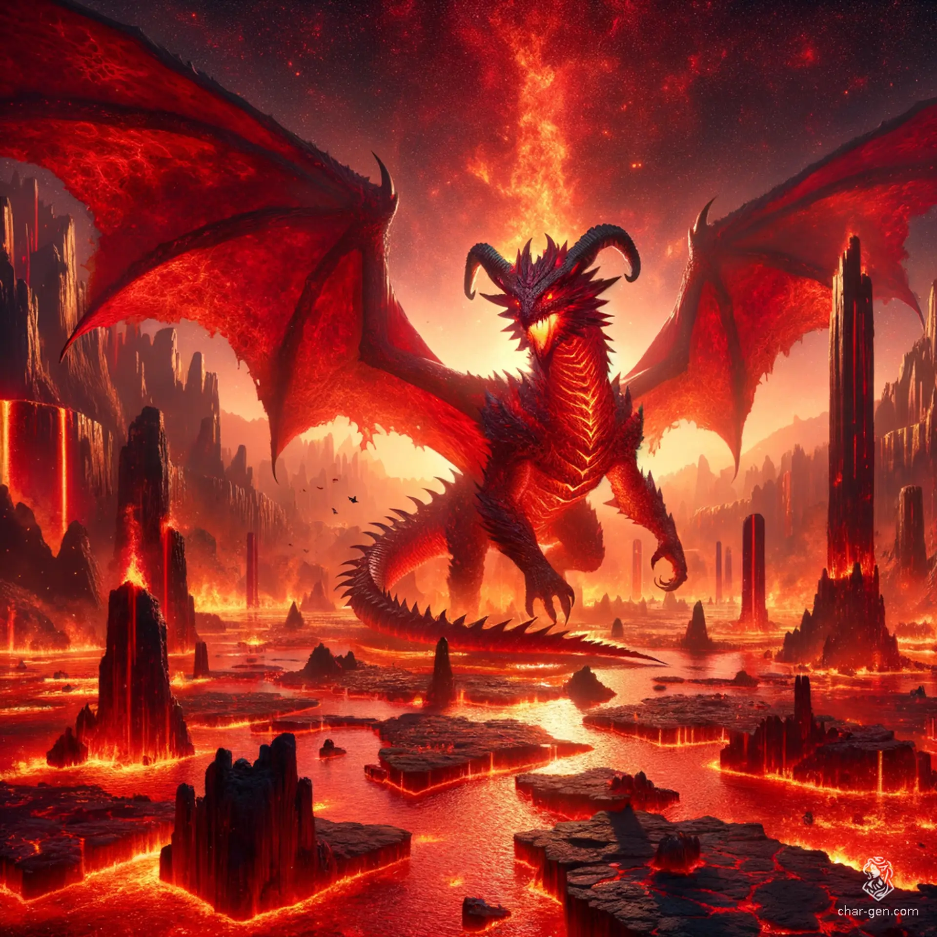 An ancient red dragon with fiery scales, imposing red wings, and a blazing aura, radiates intense heat. Covered in magma, this gigantic creature embodies destruction and power, capable of incinerating anything in its path.