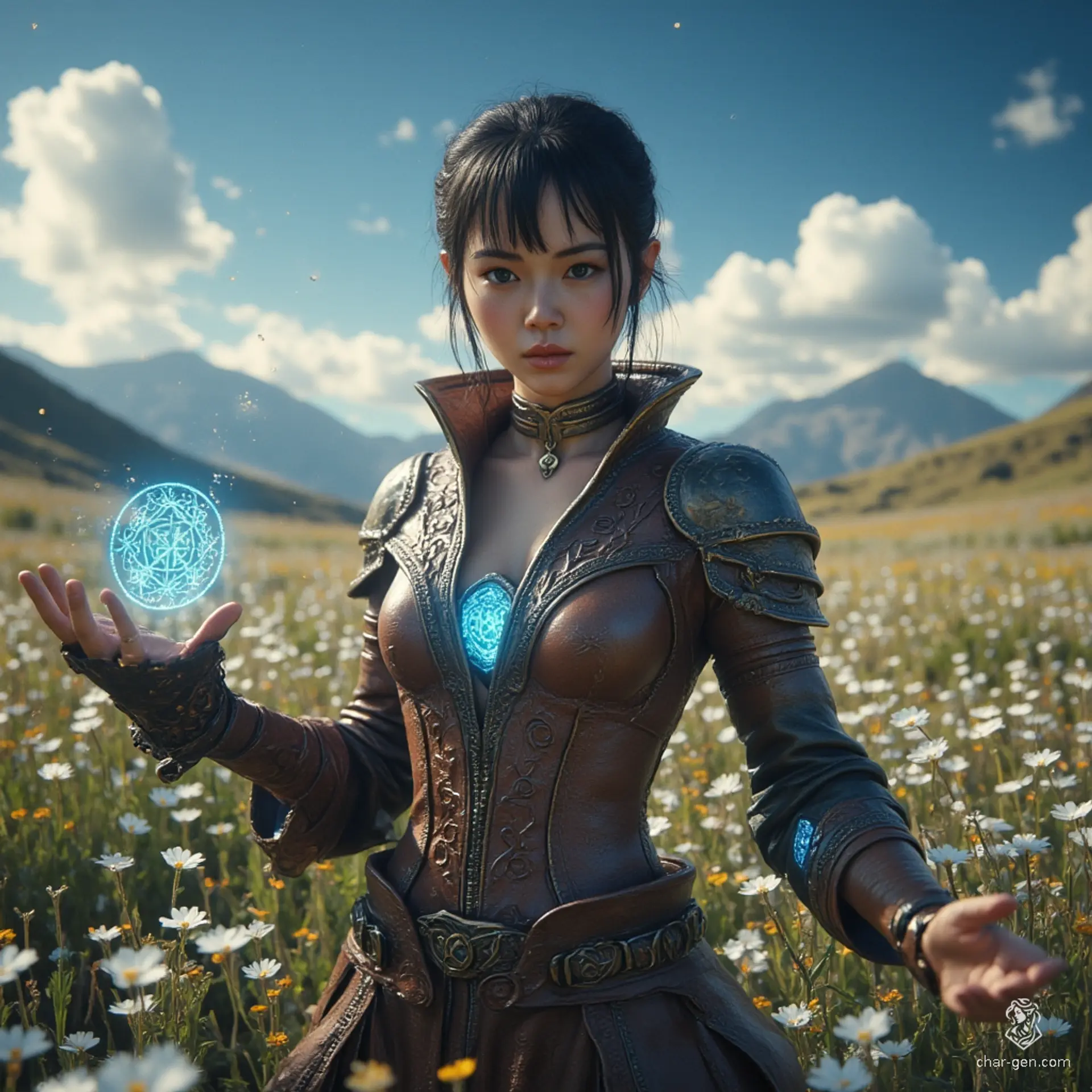 Jouli is a middle-aged investigator mage of East Asian descent, standing 5'4" with a lithe frame and strikingly gorgeous features. Her fair skin shimmers under the afternoon sun, and her bright eyes reflect concern as she conjures a glowing blue rune. Clad in intricately embossed leather armor, she balances her roles as a fierce protector and meticulous librarian among towering bookshelves.