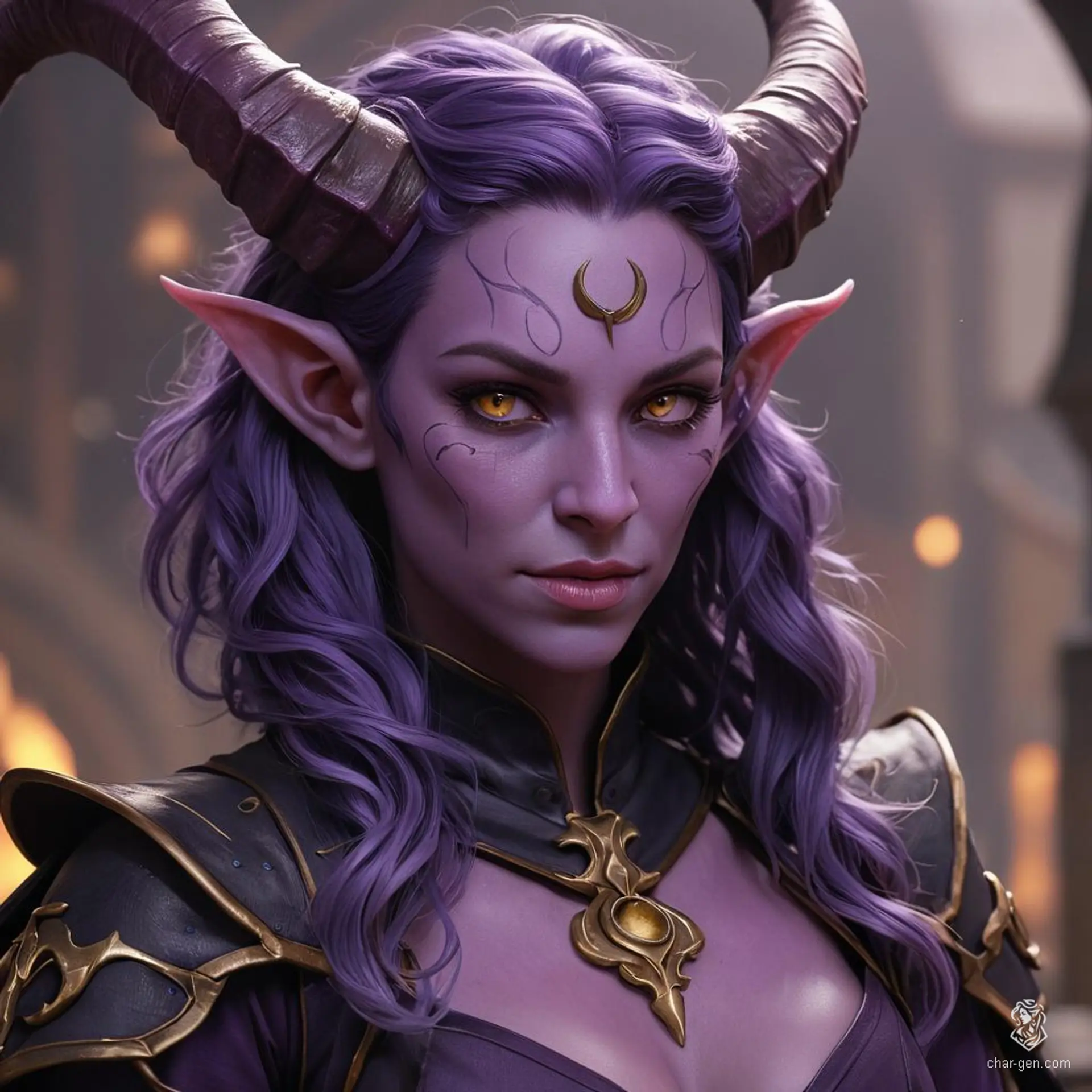 A winged Tiefling warlock with striking purple skin and golden eyes. She has medium-sized, streaked purple horns, a visible tail, and large bat-like wings. Her long, wavy, nearly-black hair has lighter purple streaks. Cloaked in sturdy leather armor adorned with mystical accents, she radiates an aura of magic, with arcane sigils visible on her skin and a ring with a large white gem on her finger.