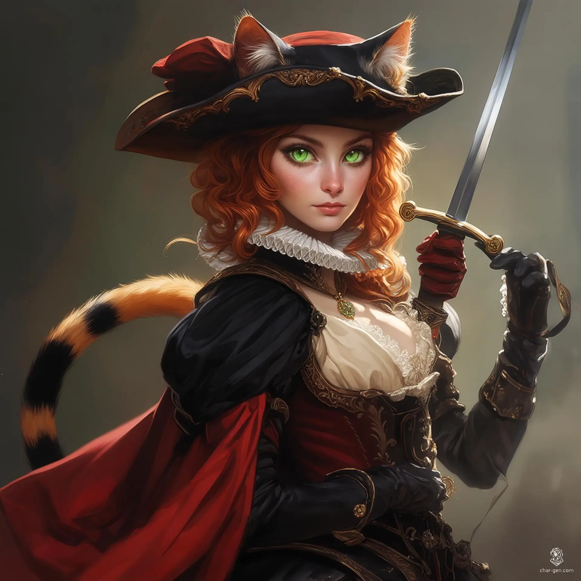 A striking female duelist bard blending French Renaissance elegance with feline grace. Wielding a rapier and clad in a cavalier hat and shoulder cape, she features ginger hair, green cat-like eyes, cat ears, and a long tail. Her intricate costume and dynamic pose evoke bold, dramatic fantasy flair.