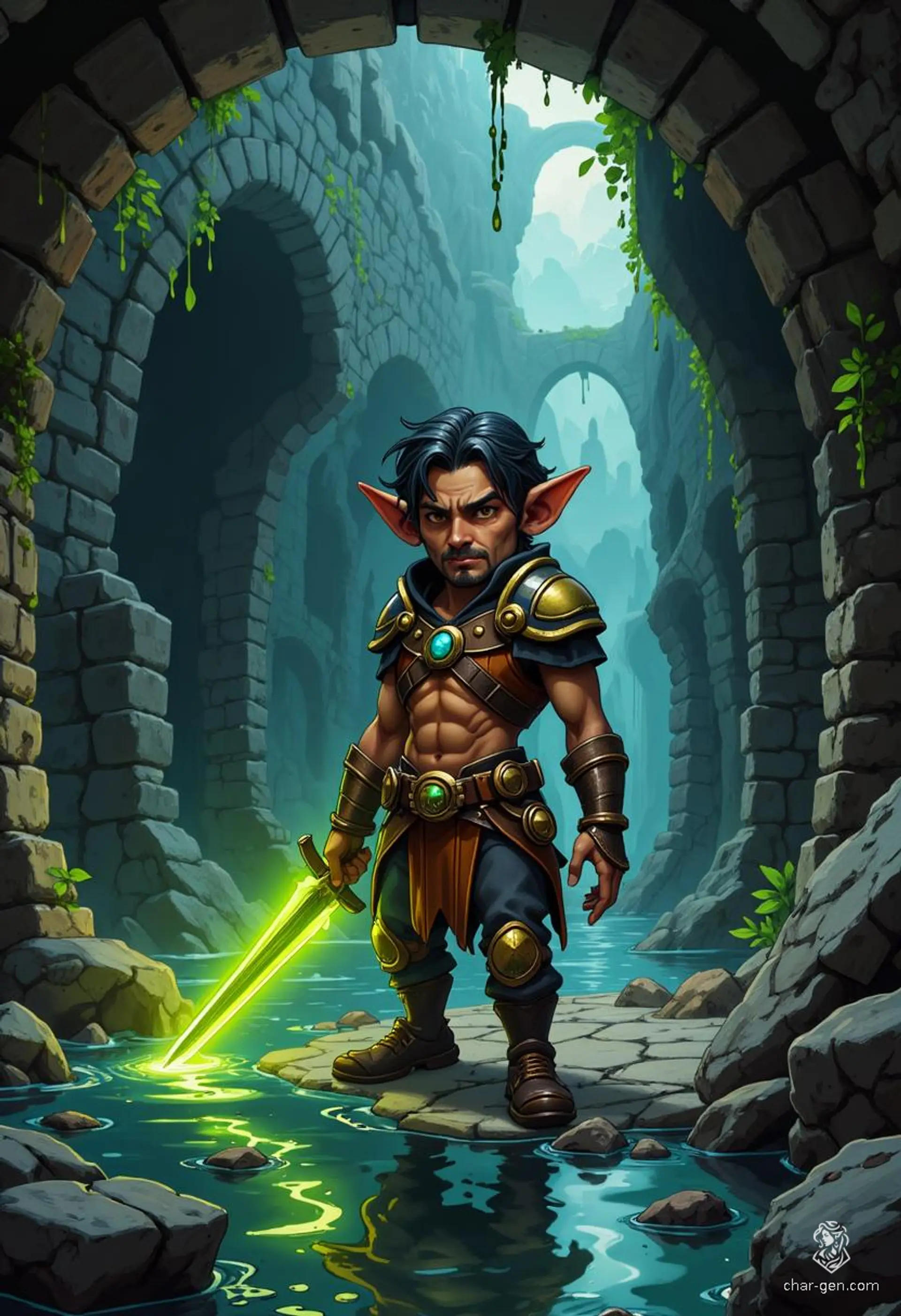 Bittles is a nimble goblin rogue with a stealthy presence and a small, agile build. Sporting intricately detailed leather armor and a green-gemmed dagger clutched tightly in hand, this clever urchin moves silently through the shadows, ready for mischief and adventure.