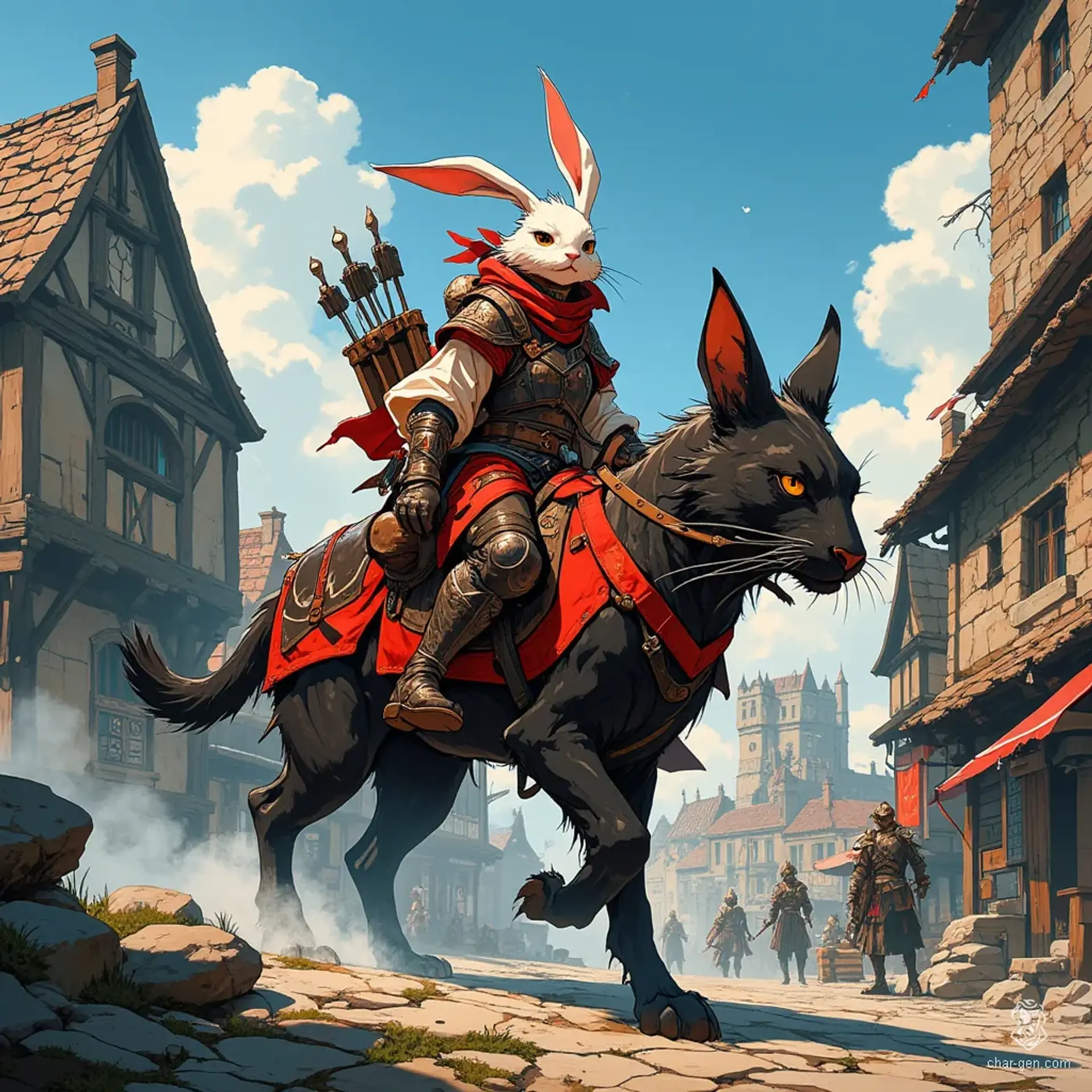 A carefree young female harengon ranger rides her majestic big cat mount, bow in hand and quiver on her back. With keen eyes and feminine curves, she races through the wild, embodying grace and strength, her rabbit-like features a testament to her agile spirit.